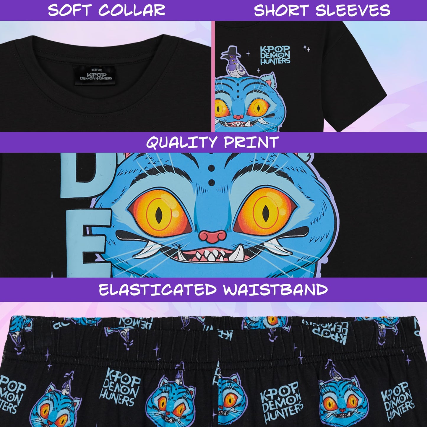 KPop Demon Hunters Official Girls Pyjama Set 5-14 Yrs, 2 Pcs Pjs Shorts & T-shirt, Huntrix Saja Boys Derpy Tiger Merch Gifts