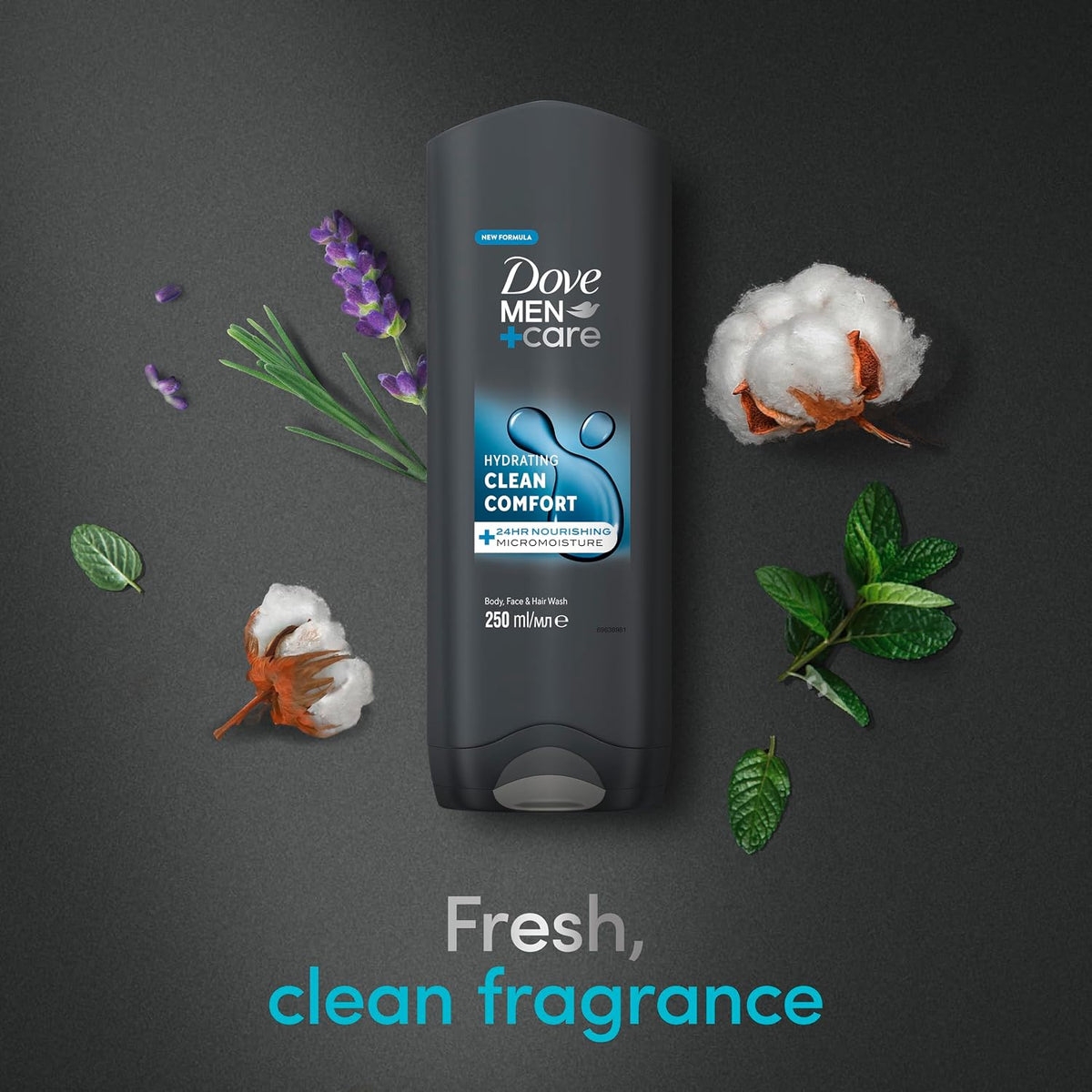 Dove Men+Care Hydrating Clean Comfort Men's 3-in-1 Hair, Face and Body Wash Body Cleanser Shower Gel with 24 hour nourishing MicroMoisture technology for relaxed and re-energised skin 250 ml