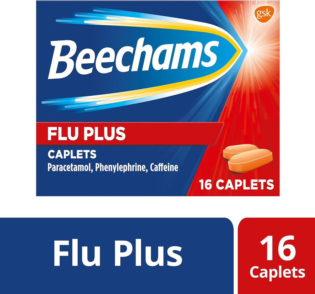 Beechams Flu Plus Caplets, Cold & Flu Relief Medicine for adults, with Paracetamol, 16s
