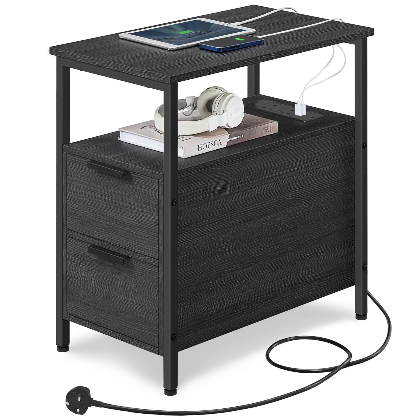 VASAGLE Slim Side Table with Charging Station, Narrow End Table with 2 Drawers, Bedside Table with Storage, for Living Room, Bedroom, Rustic Brown and Classic Black LET326B01