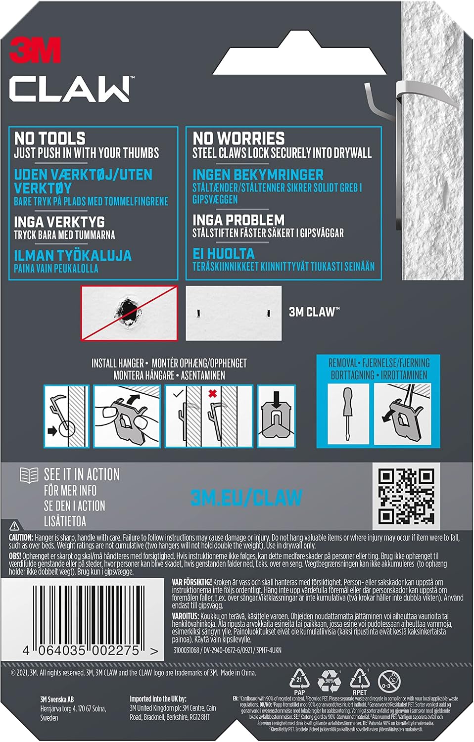 3M Claw Plasterboard Picture Hanging Wall Hooks For Hanging Home Décor, 4 Hangers, Holds up to 7 kg - Ideal for Heavyweight Items