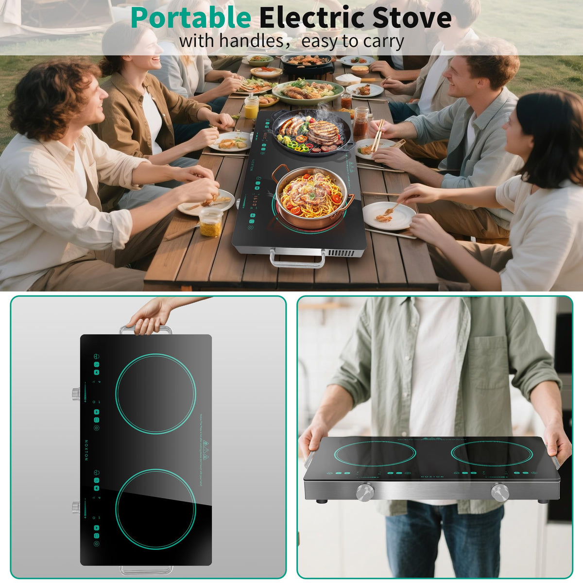 Noxton 2 Zone Ceramic Hob 30cm Electric Hob with Timer, Safe Lock, Pause Coutertop Use Hob with 13AMP Plug 2800W