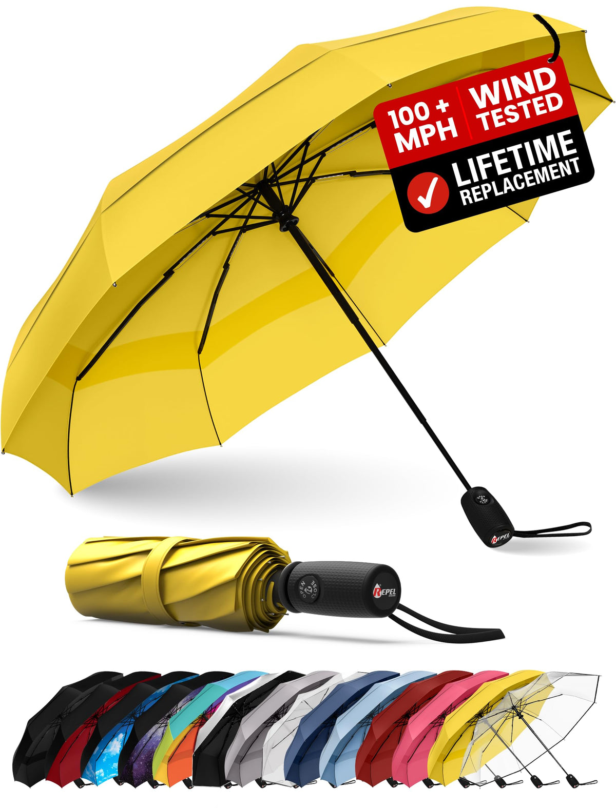 Repel Windproof Travel Umbrella - Compact & Withstands Winds up to 100MPH, Strongest Premium Auto Folding Umbrella for Rain and Sun - Durable, Light & Portable for Women & Men, Fits Backpack & Cars