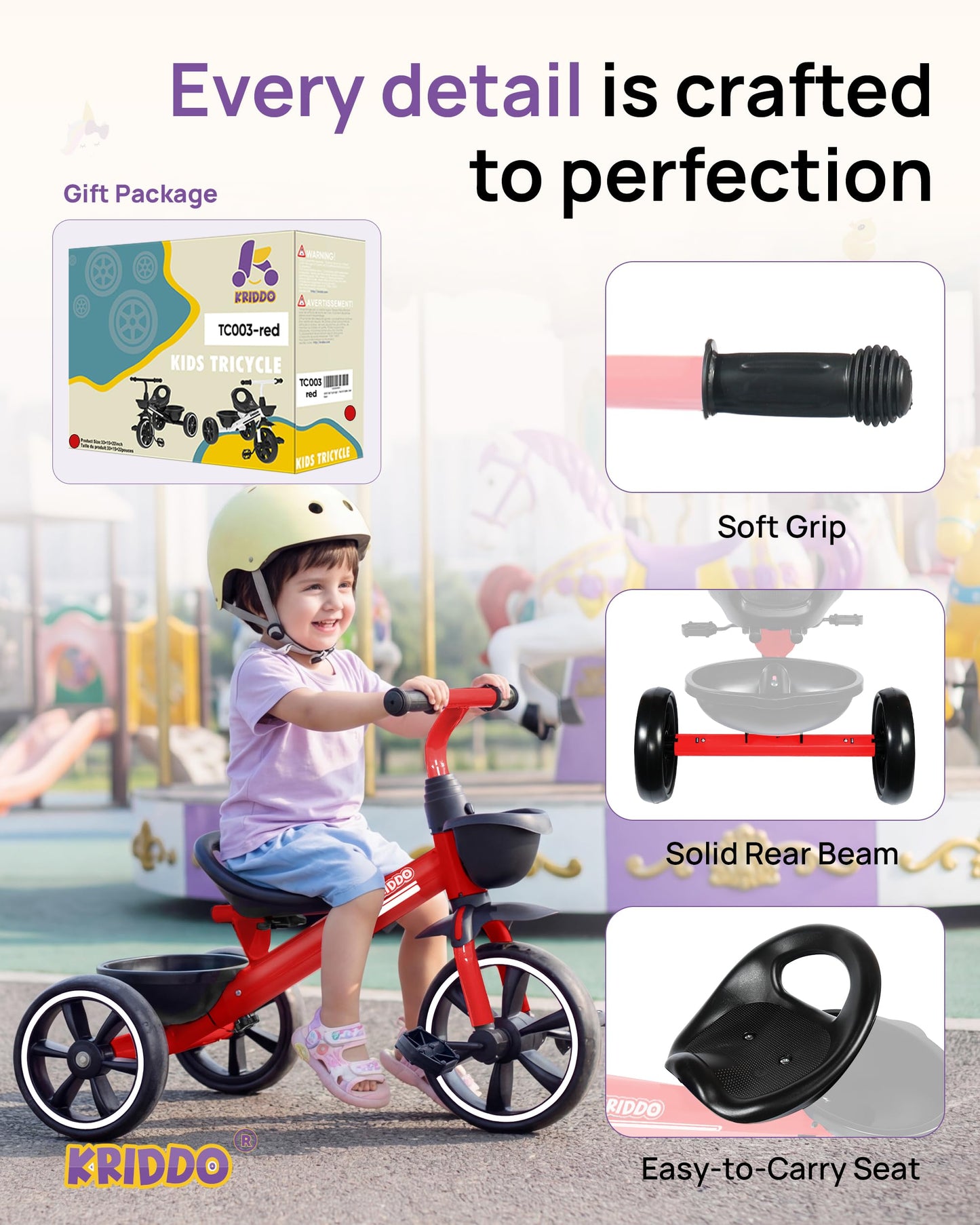 KRIDDO Toddler Tricycle — Anti-Tip Design, BPA-Free | Ages 18 Months to 4 Years | Pink