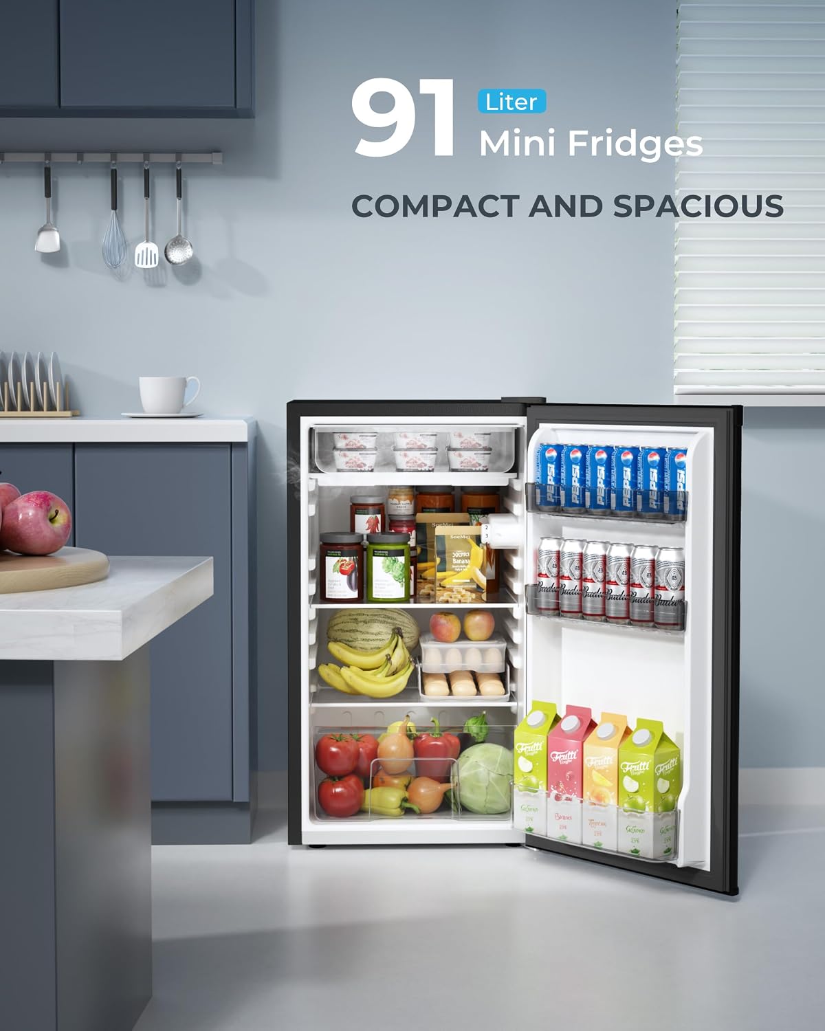 93L Under Counter Fridge, 38dB Ultra-Quiet Undercounter Mini Fridge, Black