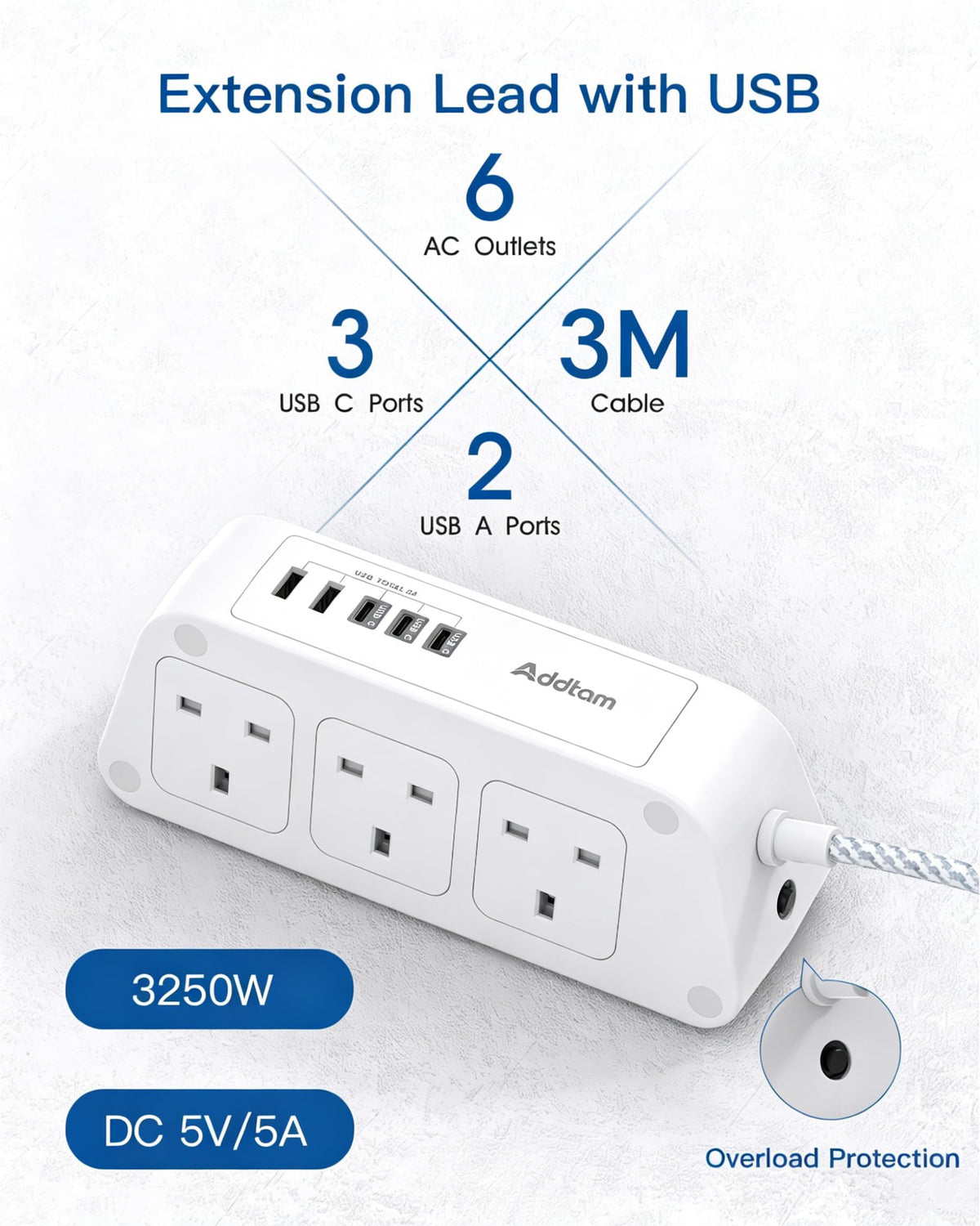 Addtam Extension Lead with USB Slots, 6 Way Outlets 5 USB(5A, 3USB- C Port)