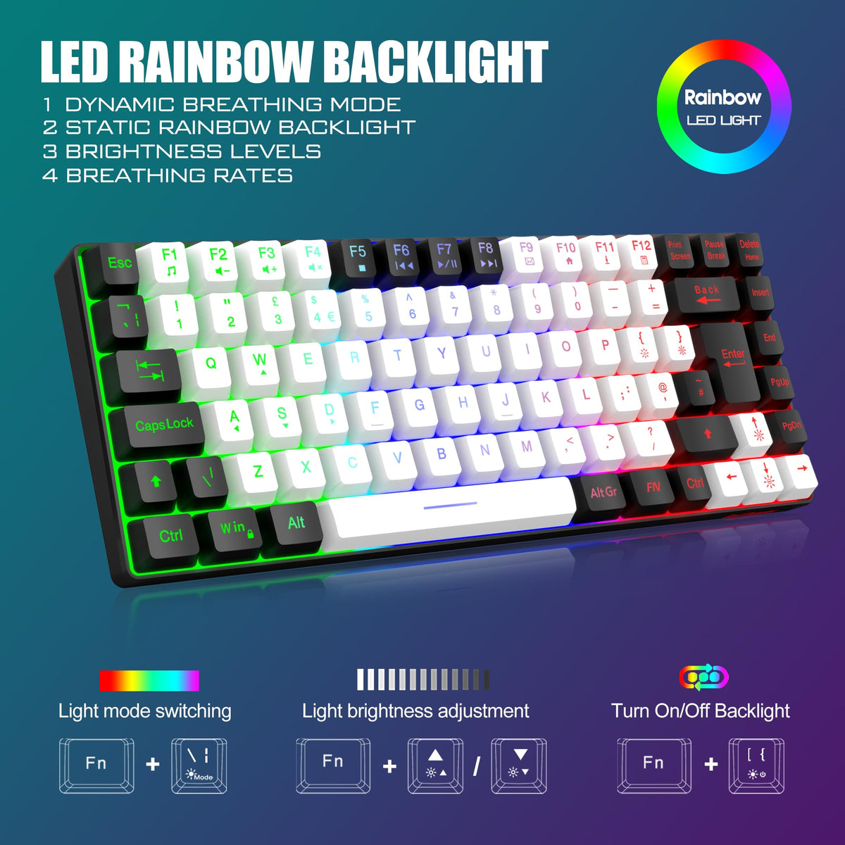 RedThunder K84 75% Wireless Gaming Keyboard and Mouse Rainbow Backlight UK Layout 85 Keys TKL Ultra Compact Mini Design Lightweight Honeycomb Gaming Mouse for PC Mac PS5 Xbox Office Gamers