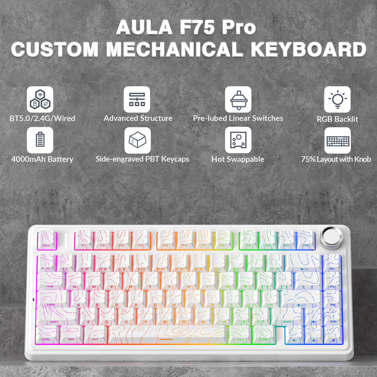 AULA F75 75% Wireless Mechanical Keyboard,2.4Ghz/Type-C/BT5.0 Gaming Keyboards,Advanced Structure,RGB Backlight,Hot Swappable Custom Keyboard for PC/Mac (Cool Black)