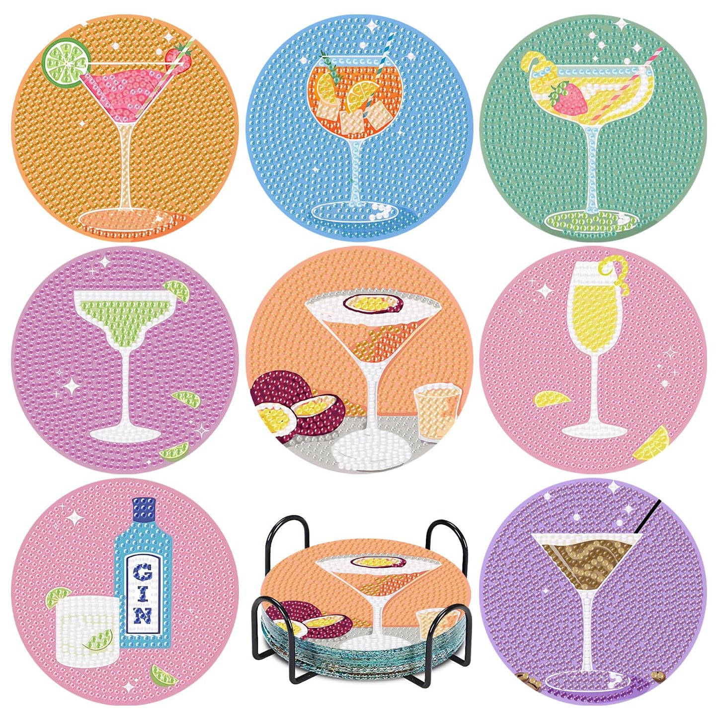 8Pcs Diamond Painting Coasters with Holder,DIY Cocktail Life Coaster Diamond Art Kits for Adults Kids,Beginners Round Full Drill Diamonds Art Craft Supplies