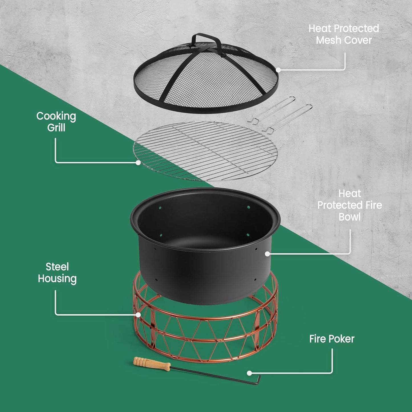VonHaus Fire Pit – 2 in 1 Firepit with BBQ Cooking Grill for Outdoor, Garden, Patio – Black Steel with Copper Detail, Fire Poker & Mesh Cover Included – Use Wood or Charcoal to Fuel