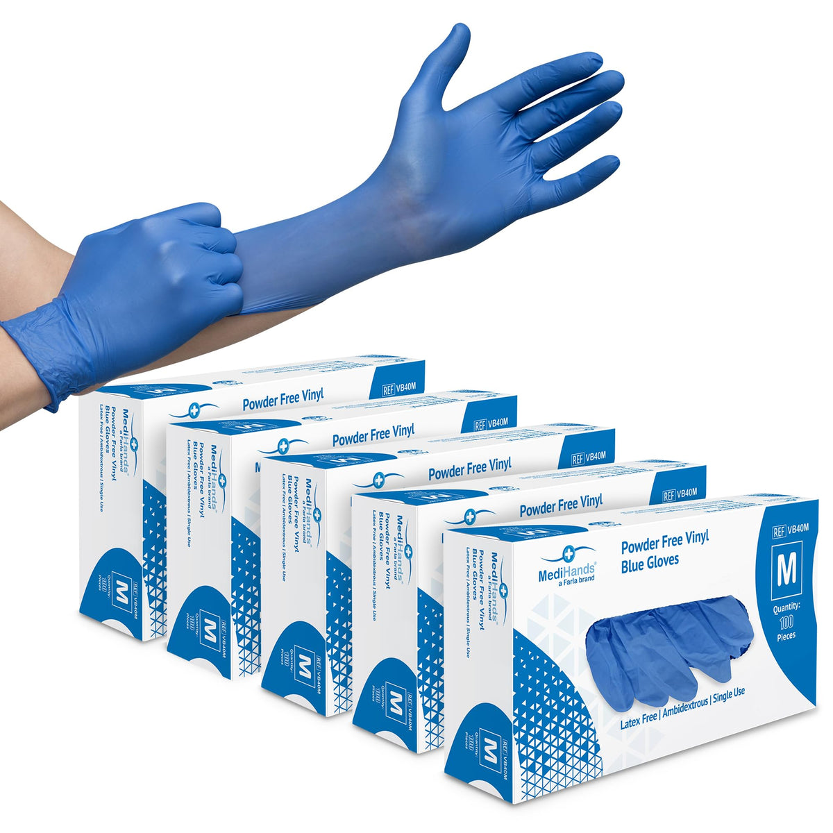 Farla MediHands Blue Medium Vinyl Gloves - Box of 100 Disposable Vinyl Gloves - Medical Gloves - Powder Free, Latex Free, & Protein Free Gloves - Multi-Purpose, Single Use