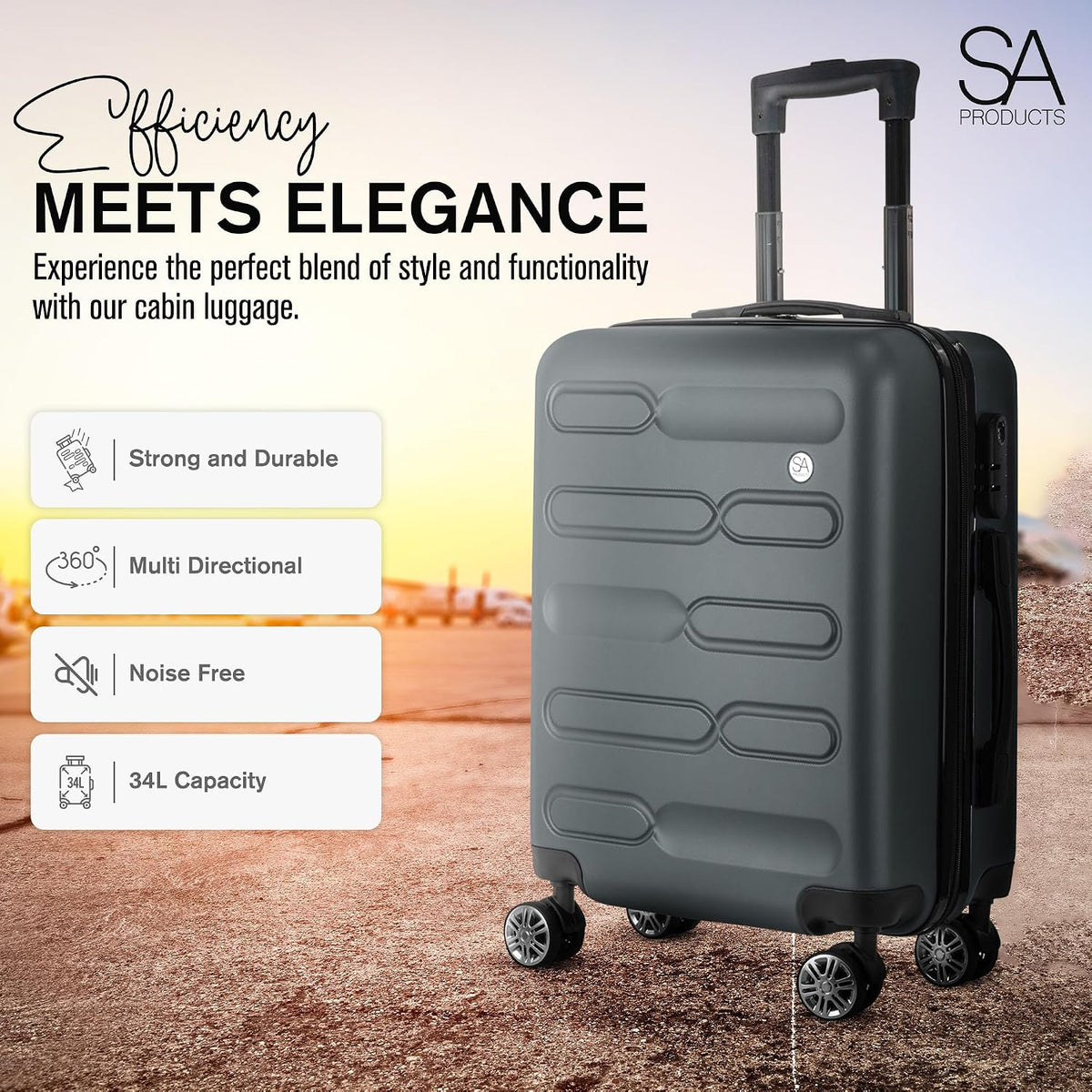 SA Products Cabin Suitcase - 34L Carry On Hard Shell Bag - 55x40x20 - Grey