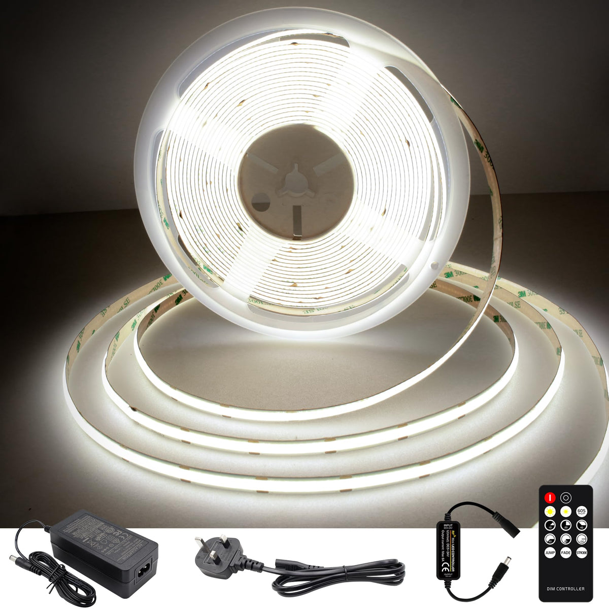 TTWAY COB LED Strip Lights 2700K, Dimmable LED Strip Kit, Super Bright 24V LED Tape Lights CRI90+ with RF Remote and UKCA Power Supply for DIY Home Decoration, 5M, 2400LEDs, Warm White.