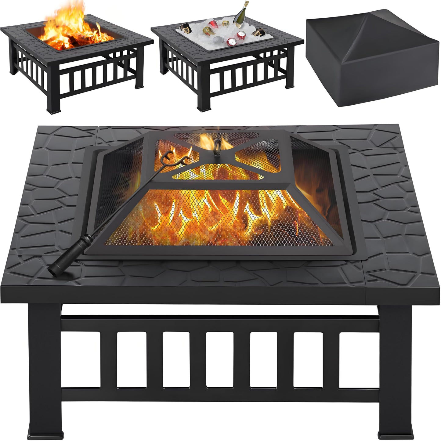 Yaheetech Outdoor Fire Pit 81cm Square Fire pits 3-in-1 Heat-resistant Metal Garden Stove for Barbecue, Heating, Cooling Drinks with Cover & Poker, Black