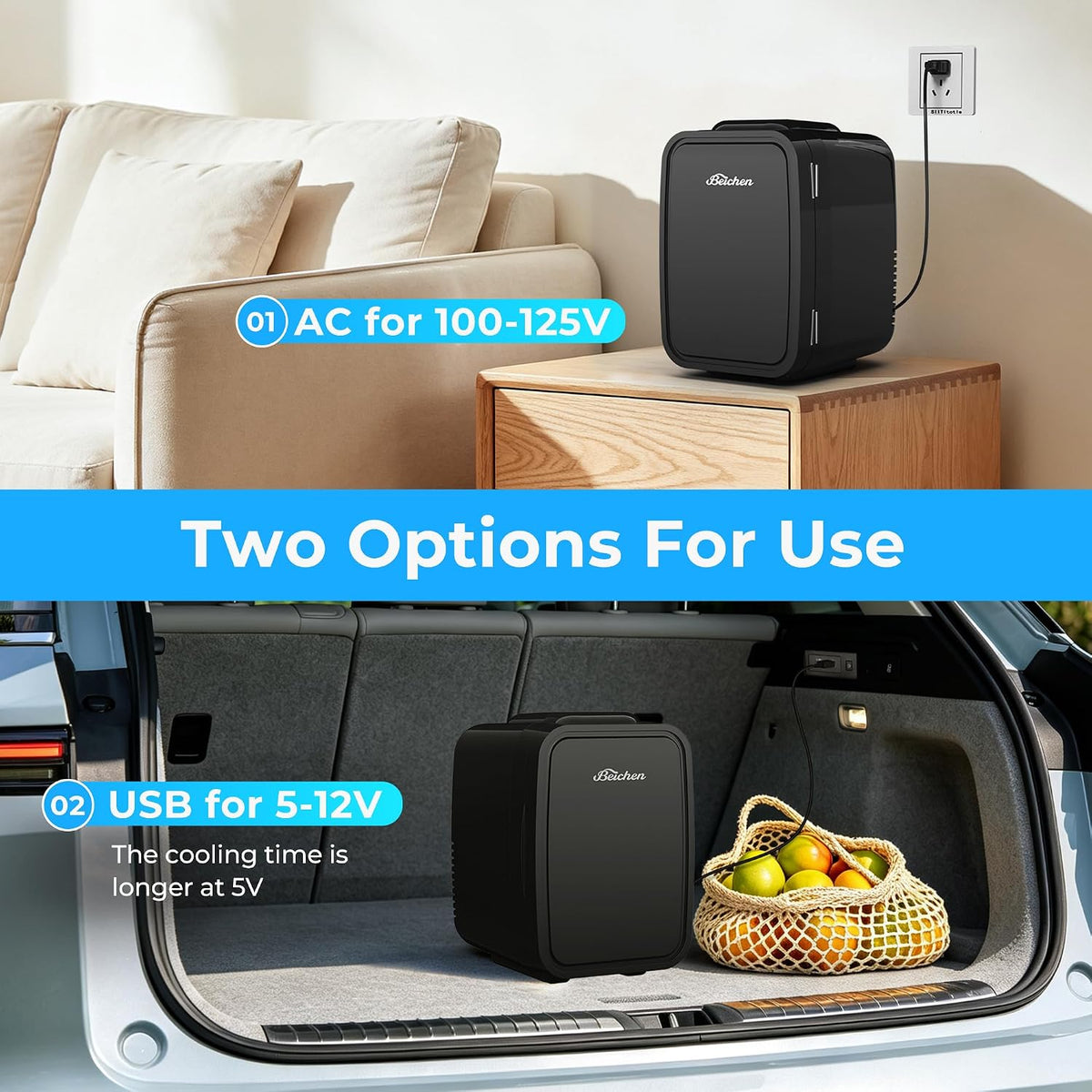 BEICHEN Mini Fridge 4 Litre/6 Cans |AC/USB| for Home Car,Ultra-Quiet <25dB