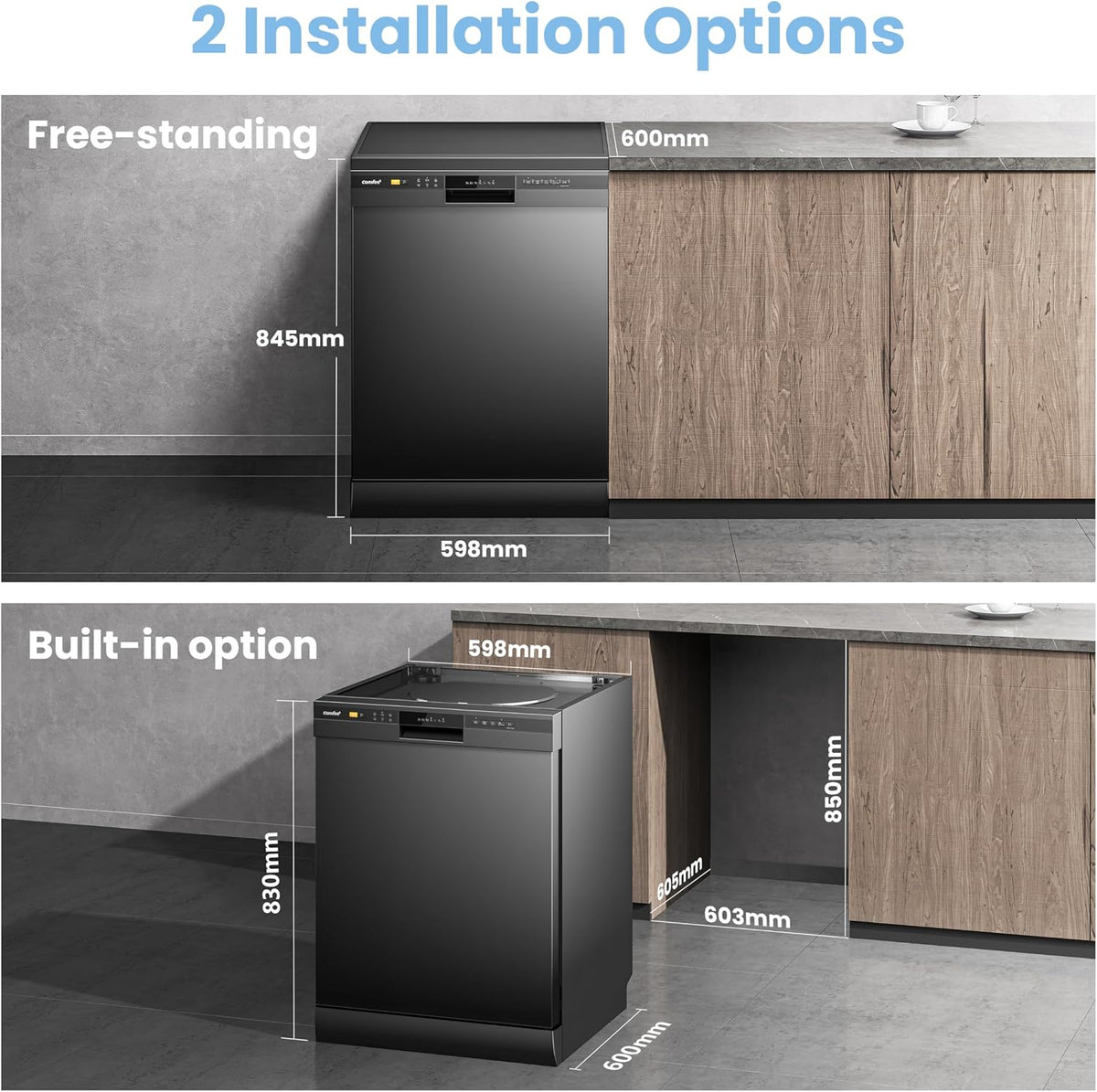 COMFEE' Freestanding Dishwasher CDWPF1201PB-UK 60cm Width, Full Size Dishwasher with 12 place settings, Quick Wash, Hygiene Wash, Delay Start, Half Load - Black