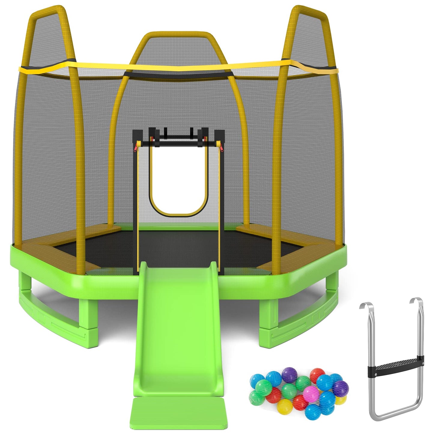 COSTWAY 7ft Kids Trampoline, Hexagonal Trampolines with Slide, Ladder, Safety Enclosure Net and Ocean Balls, Toddler Jumping House for Indoor Outdoor