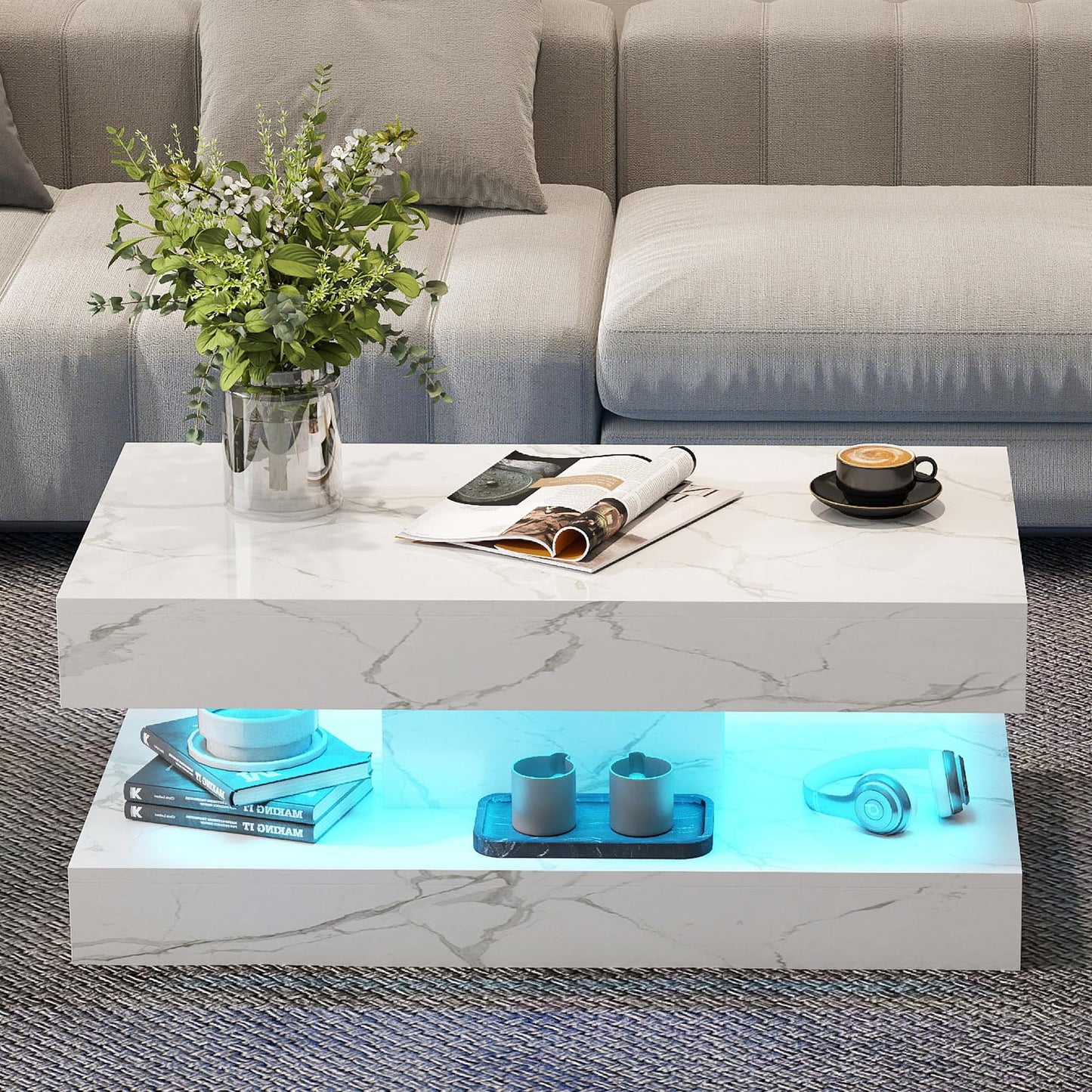 COSVALVE White Marble Coffee Table for Living Room with 24 Colors LED Light, 2 Tier High Gloss Modern Centre Table Rectangle Tea Table for Home, Office Furniture