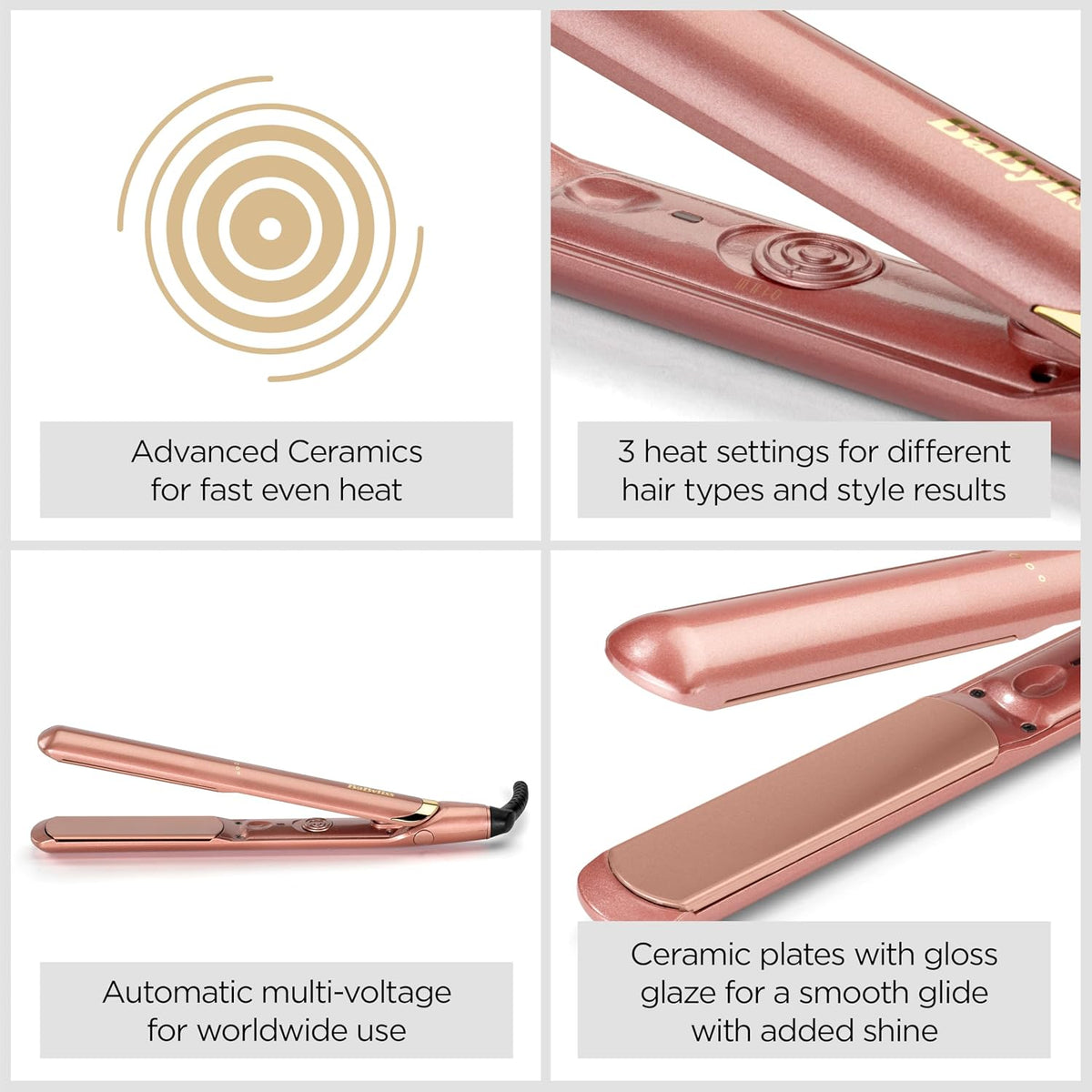 BaByliss Rose Gold Hair Straighteners - Ceramic Plates for Smooth Styling, Multi-Voltage Worldwide use, Ultra-Fast 15 Second Heat Up, 3 Heat Settings Up to 235°C, 2598U
