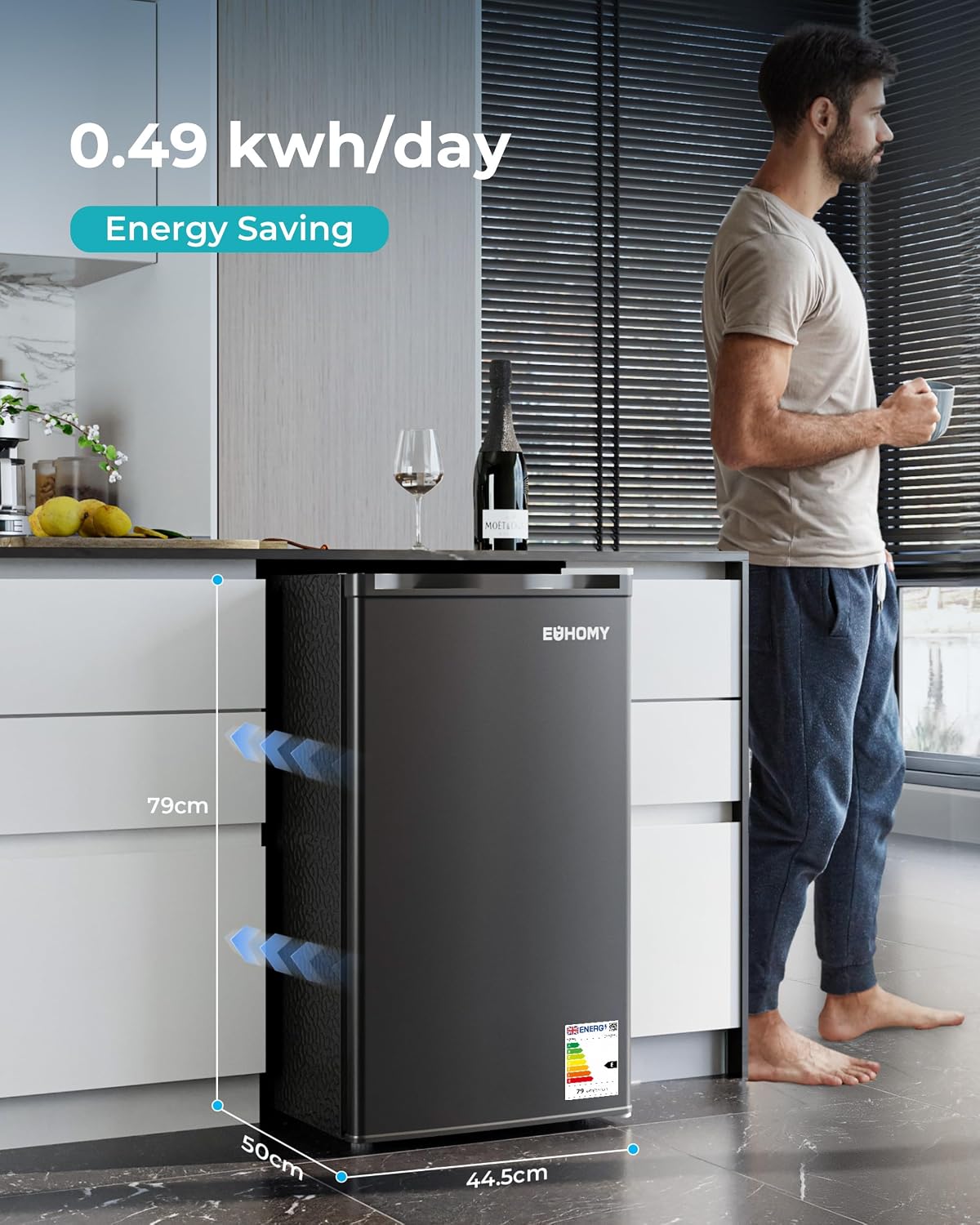 93L Under Counter Fridge, 38dB Ultra-Quiet Undercounter Mini Fridge, Black