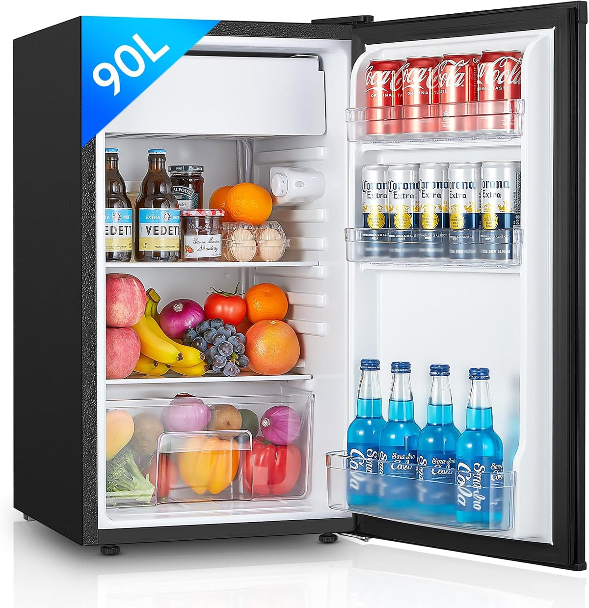FOHERE Under Counter Fridge 90L, Freestanding Refrigerator with Chiller Box, Adjustable Thermostats & Legs, Removable Shelf, Reversible Door, Energy Efficient, Black