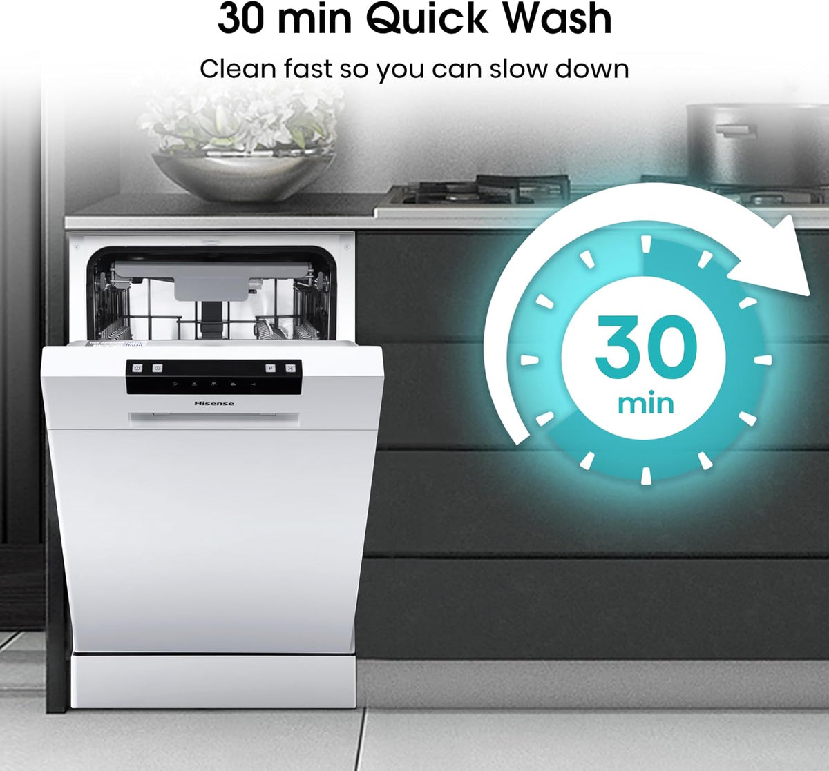 Hisense HS523E15WUK Slimline 10 Places Free Standing Dishwasher White with 30 Minutes Quick Wash [Energy Class E]