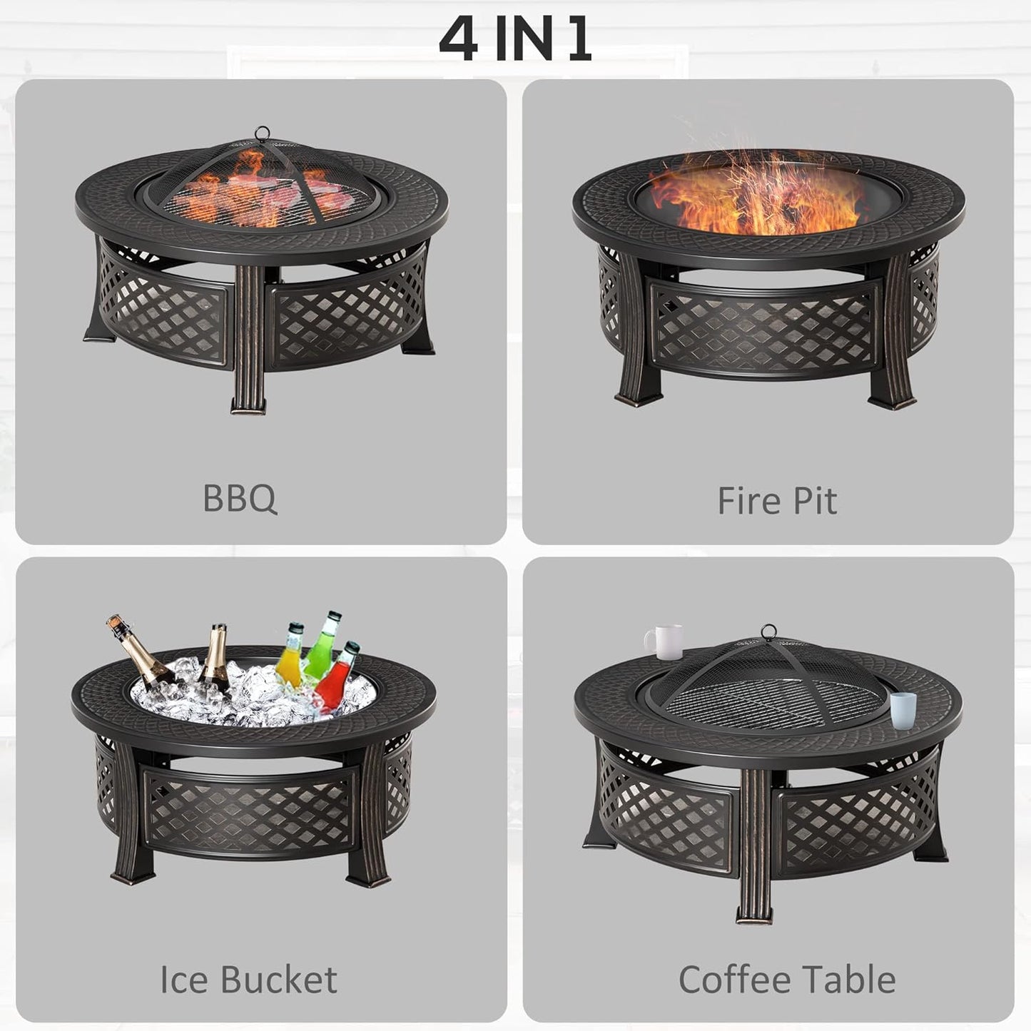 Outsunny 81 x 81 x 50 cm Outdoor Fire Pit, Round Firepit with Grill Net, Mesh Lid, Poker, for Garden, Camping, Bonfire, Picnic, Bronze Tone