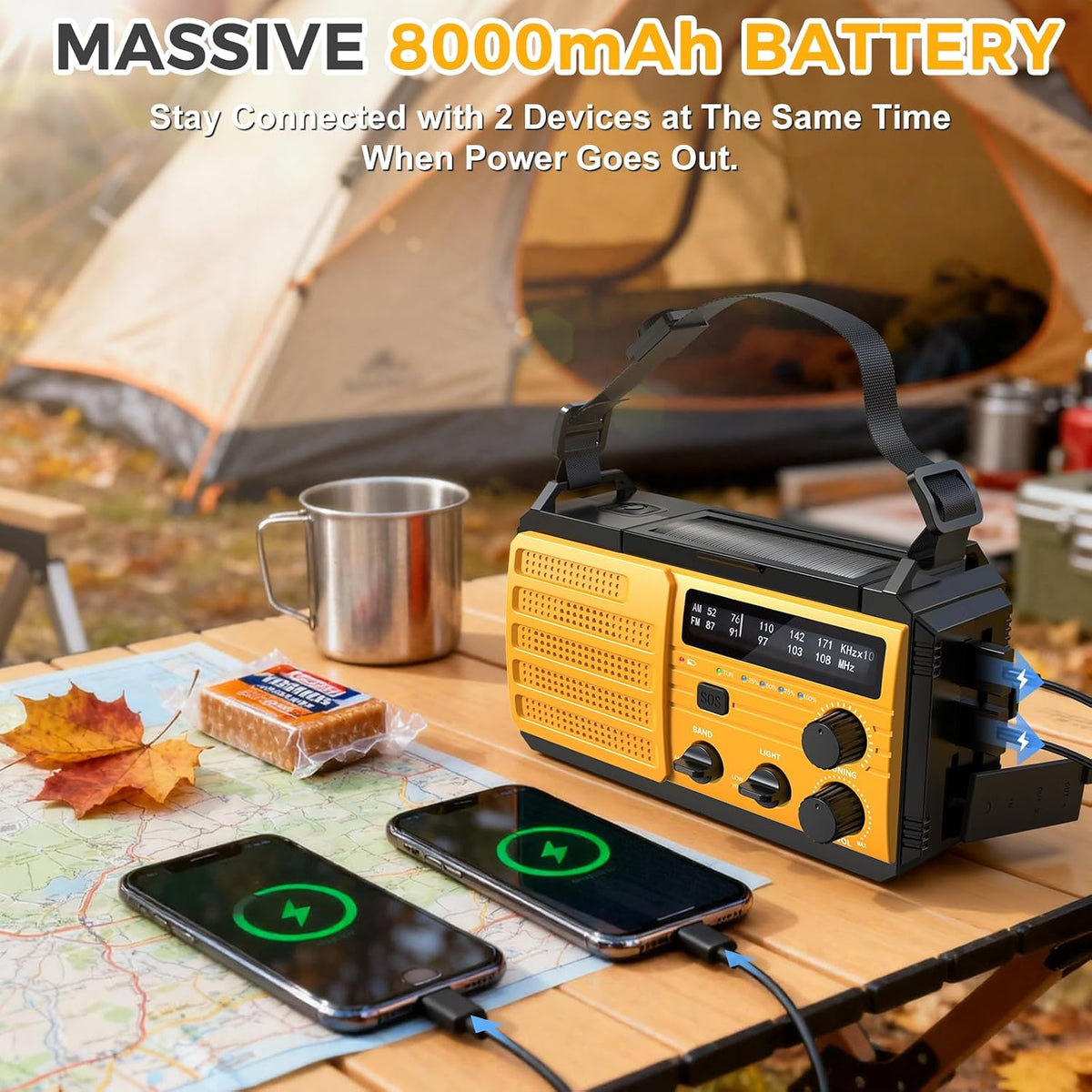 8000mAh Emergency Wind Up Radio, Hand Crank Solar, AM/FM Radio with 3-Mode Flashlight, 2-Mode Reading Lamp, SOS Alarm with USB Phone Charger for Emergency Outdoor