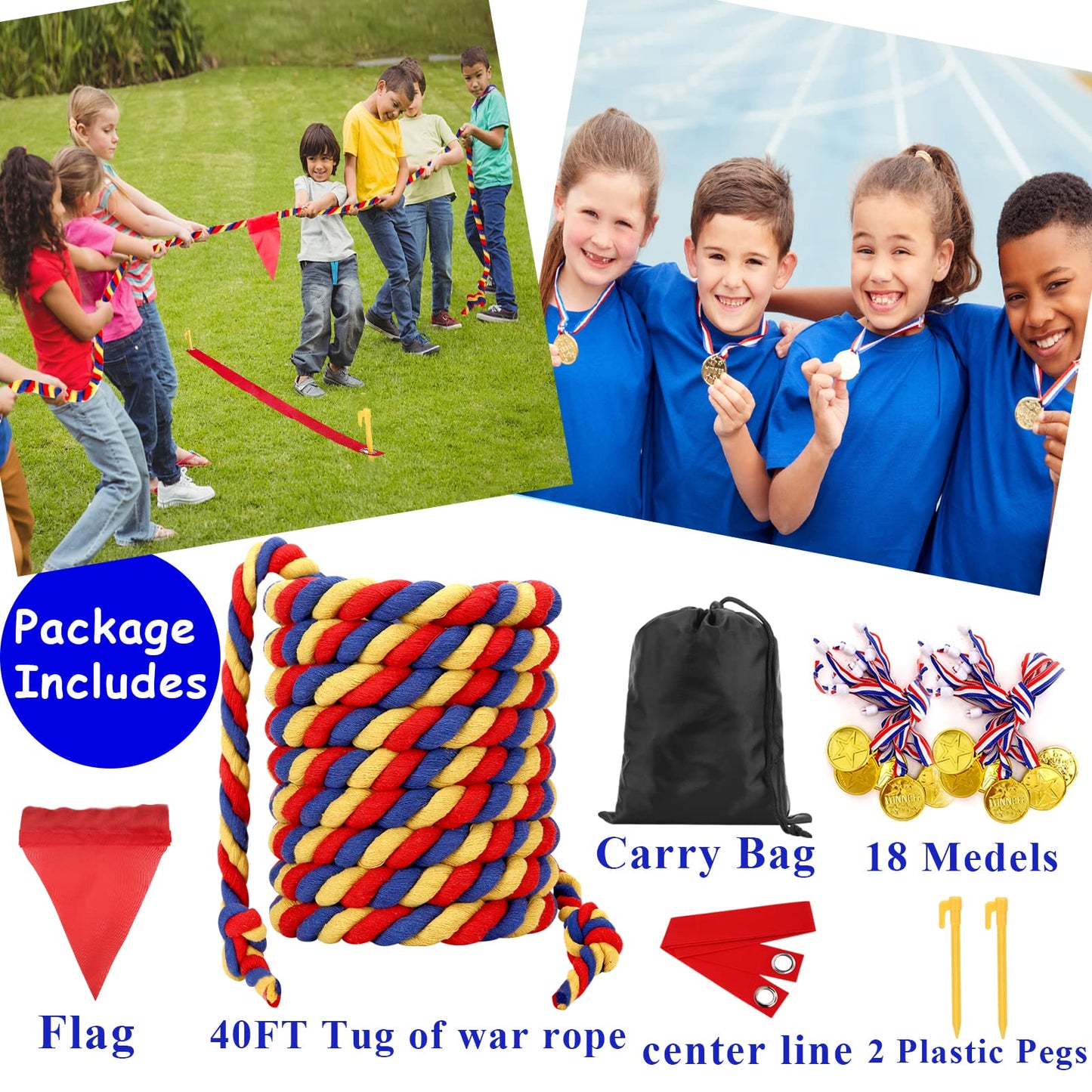 Tug of War Rope 20FT for Kids and Adults, Outdoor Field Day Lawn Yard Family Reunion Birthday Party Games, Outside Backyard Camping Picnic Game,Carnival Games Fun for Team Building Activities
