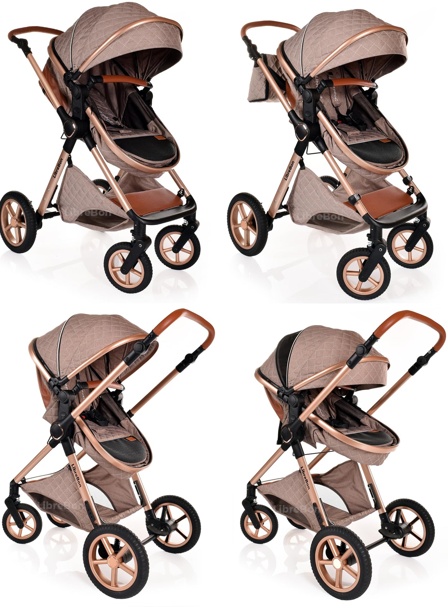 Baby Buggy Pram Pushchair Stroller 3 in 1 Child Lightweight Folding Stroller 3 in 1 Travel System Pram for Newborns & Toddlers from Birth Aluminum (Beige - Rose Gold Frame)