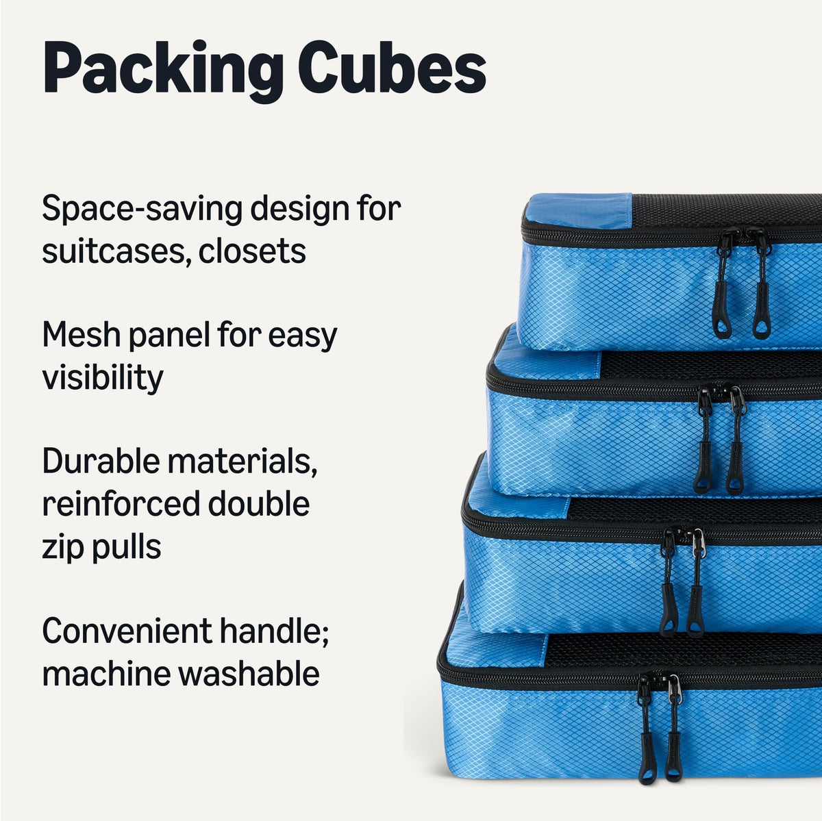 Amazon Essentials 4-Piece Packing Cubes Travel Accessories Set, Luggage Organiser with Double Zip, Mesh Top, 100% Polyester, Medium, Black (Previously Amazon Basics)