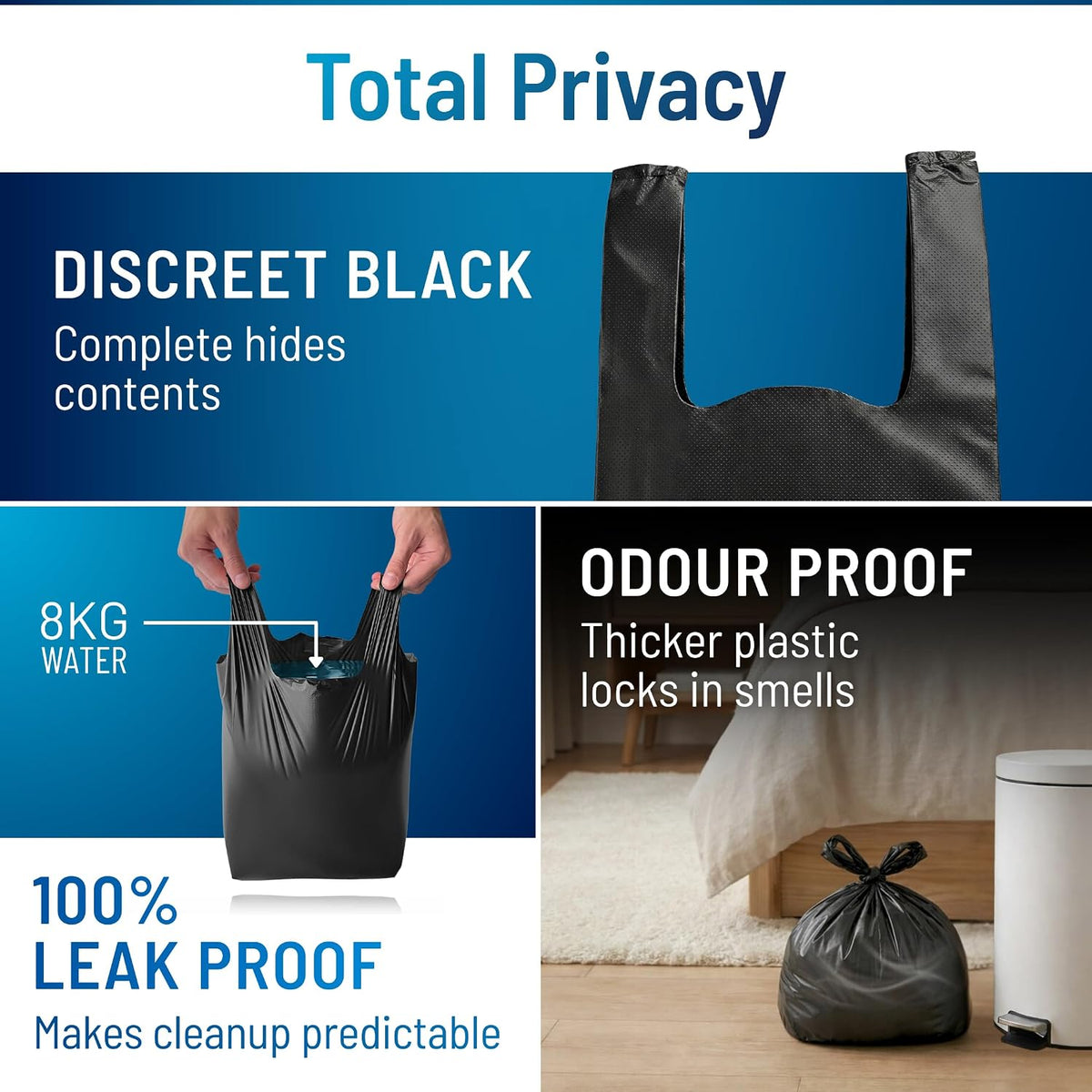 Adult Nappy Bags - 200 Pack, 20% Thicker Sacks, Easy Tie Handles, Odour Free, Discreet Black Plastic, Strong Sanitary Disposal Bag, Large Incontinence Pads