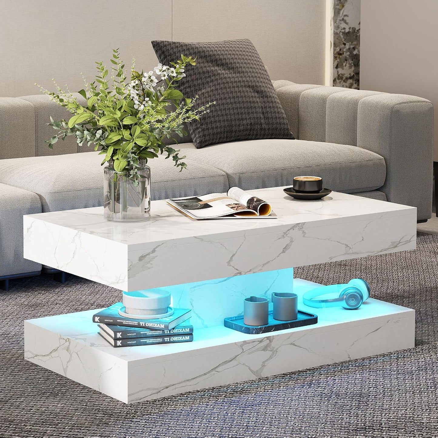 COSVALVE White Marble Coffee Table for Living Room with 24 Colors LED Light, 2 Tier High Gloss Modern Centre Table Rectangle Tea Table for Home, Office Furniture