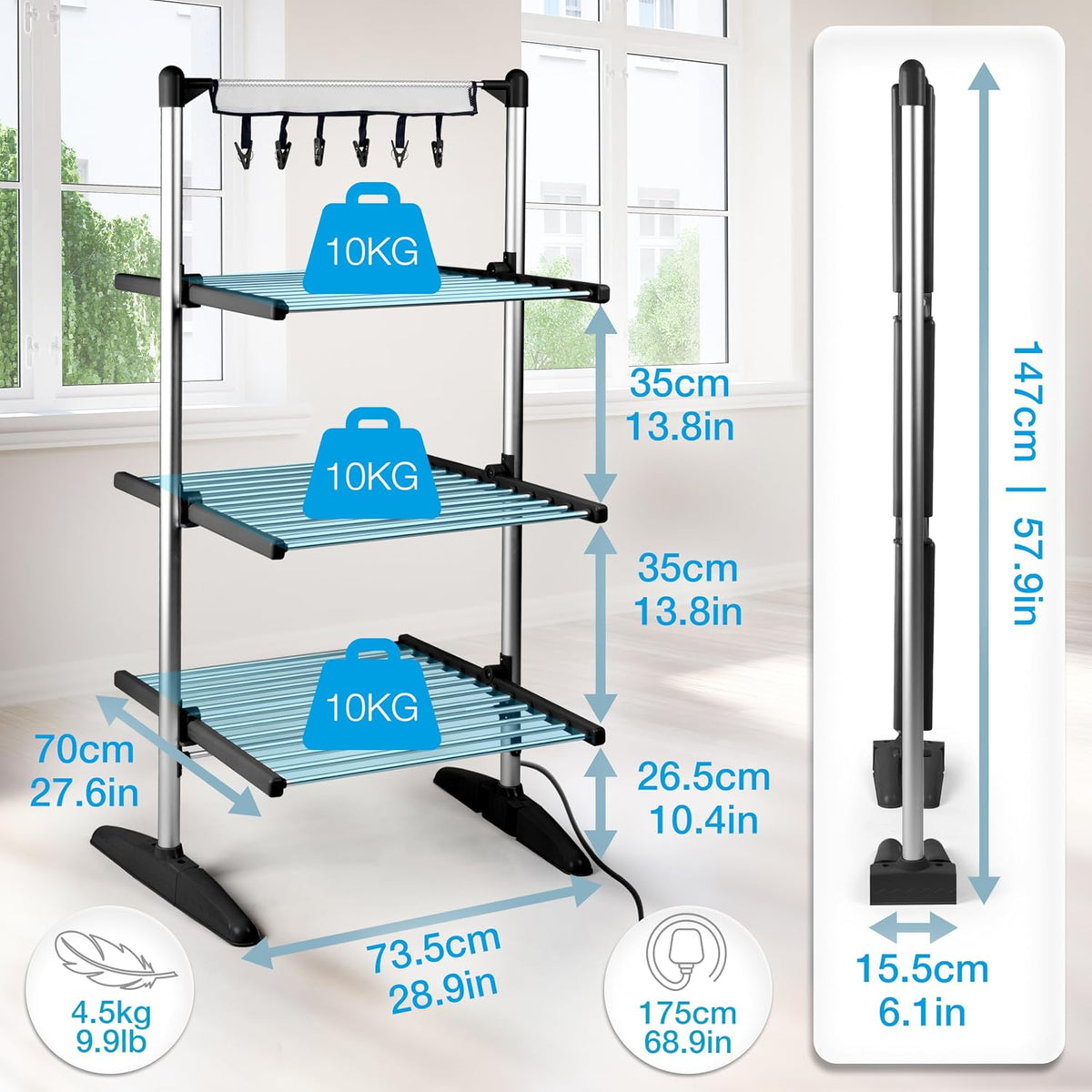 Duronic CA30 BK Electric Heated Clothes Airer, 300W 3 Tier, Foldable, Black
