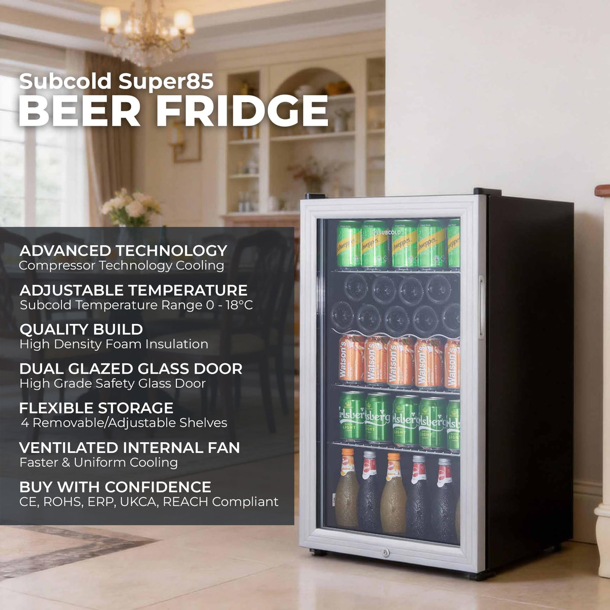 Subcold Super85 LED Beer Fridge | 80 Cans + 5 Bottles | 0-18°C | Glass Door