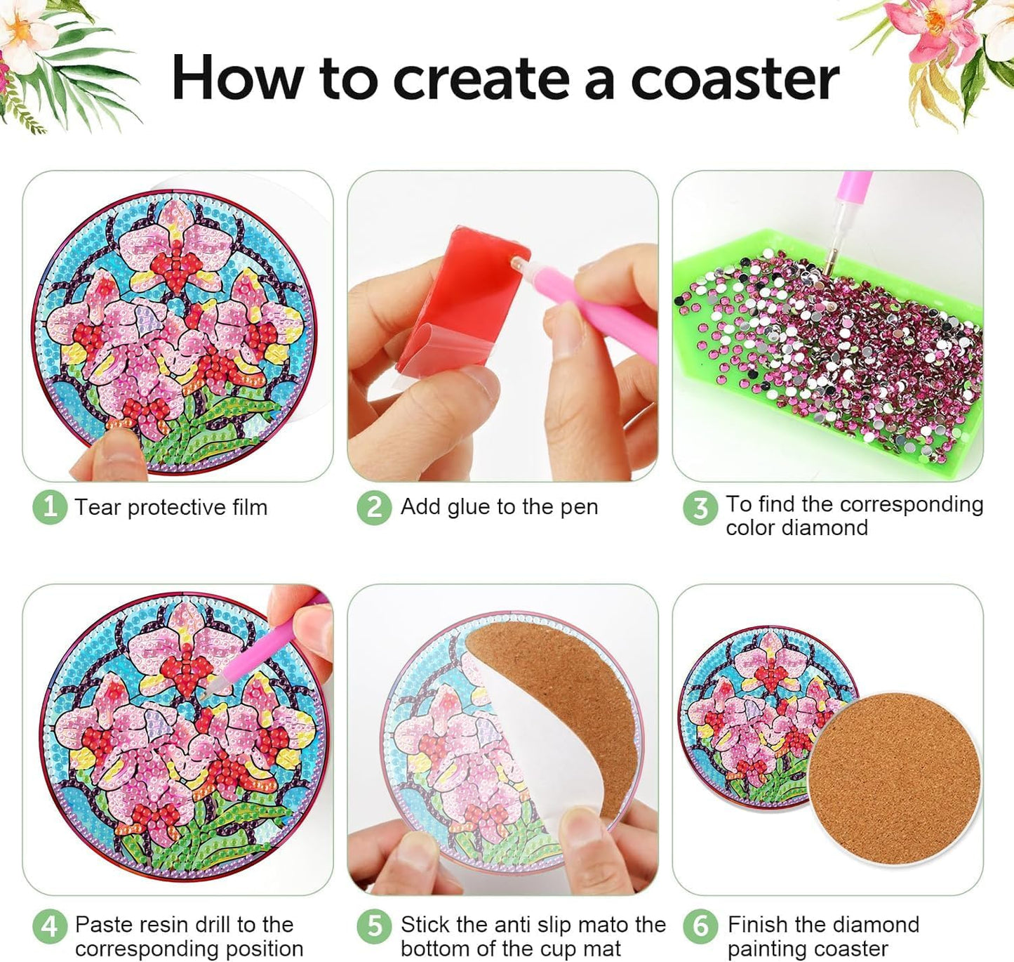 8 Pcs Flowers Diamond Art Coasters Kits for Adults Begainners,Full Drill Diamond Painting Coasters Kit with Holder,DIY Gem Painting Craft Kits for Adults Supplies Gift (Flowers).
