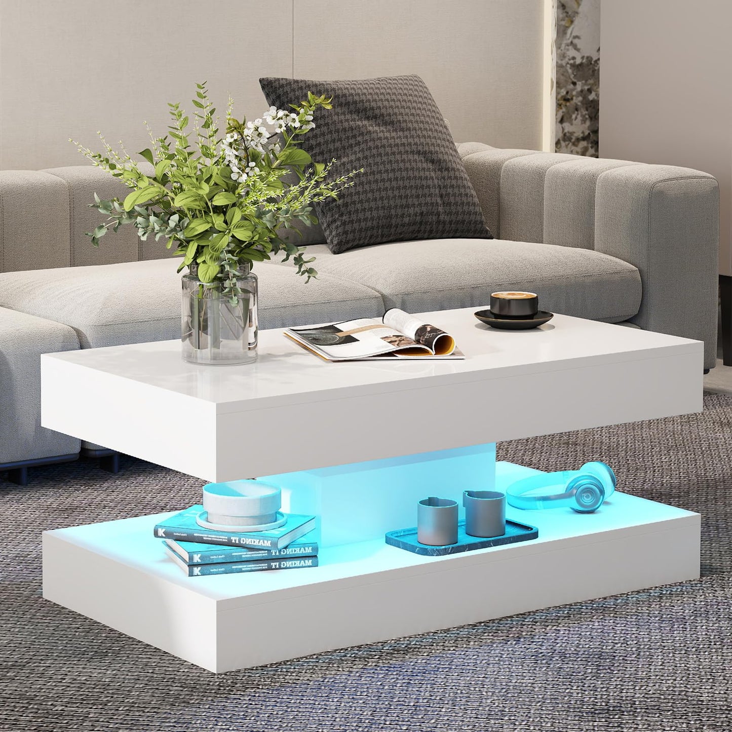 COSVALVE White Marble Coffee Table for Living Room with 24 Colors LED Light, 2 Tier High Gloss Modern Centre Table Rectangle Tea Table for Home, Office Furniture