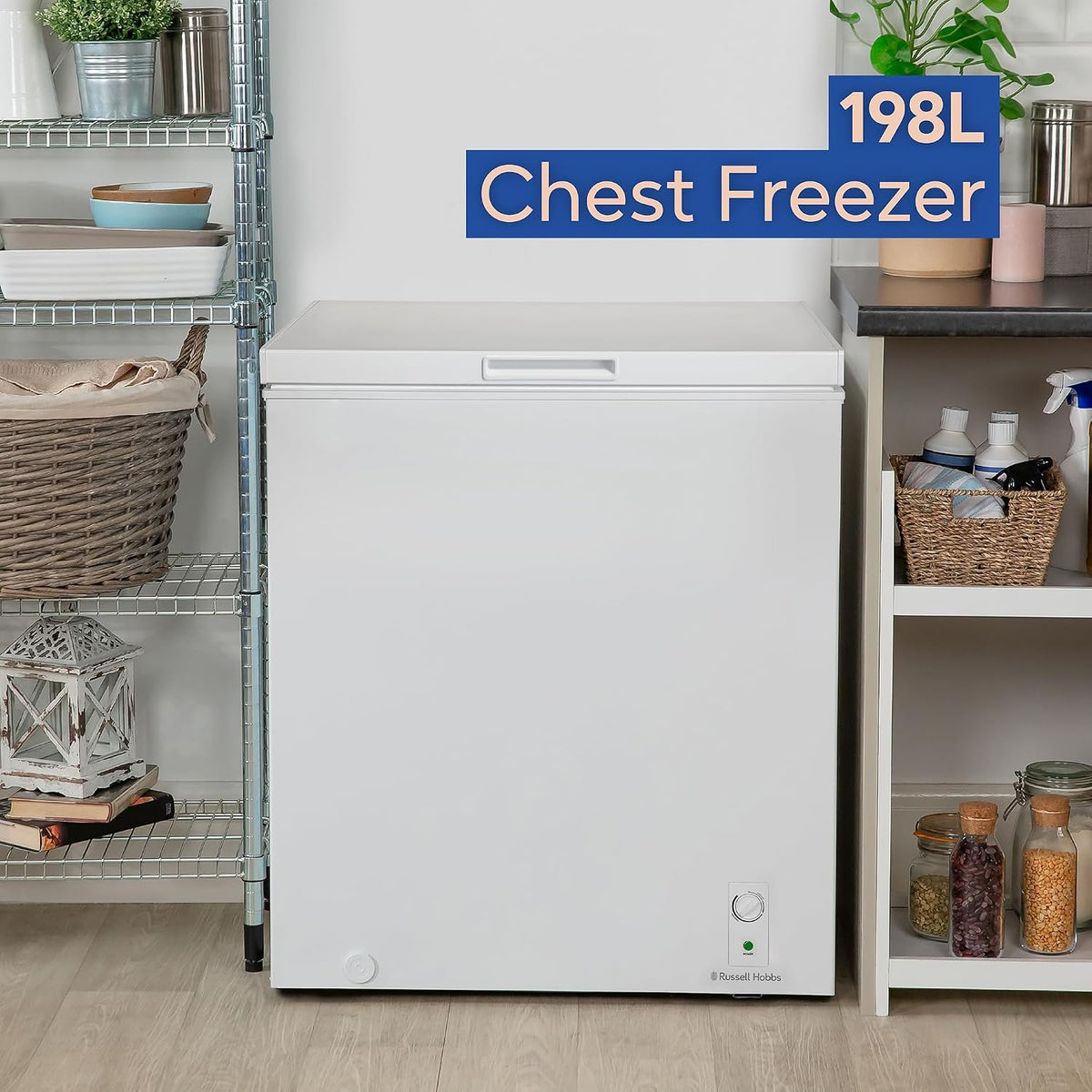 Russell Hobbs White Chest Freezer 143L Freestanding, Adjustable Thermostat, Chill or Freeze Function, 4 Star Freezer Rating & Suitable for Outbuildings & Garages RH142CF0E1W