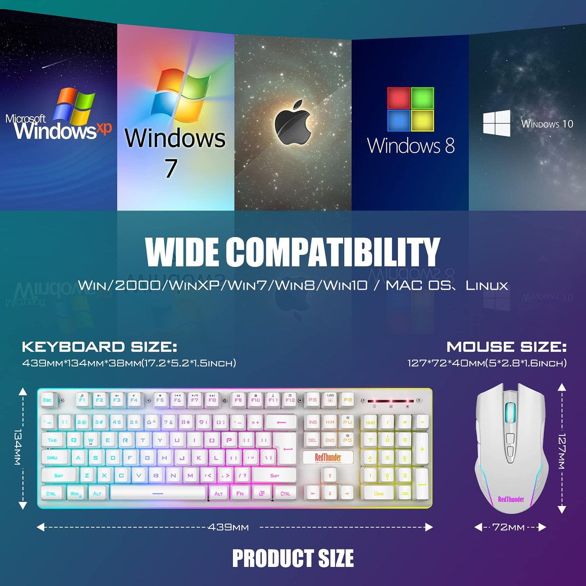 RedThunder K10 Wireless Gaming Keyboard and Mouse Combo, LED Backlit Rechargeable 3800mAh Battery, UK Layout Mechanical Feel Keyboard + 7D 3200DPI Mice for PC Gamer (Black)