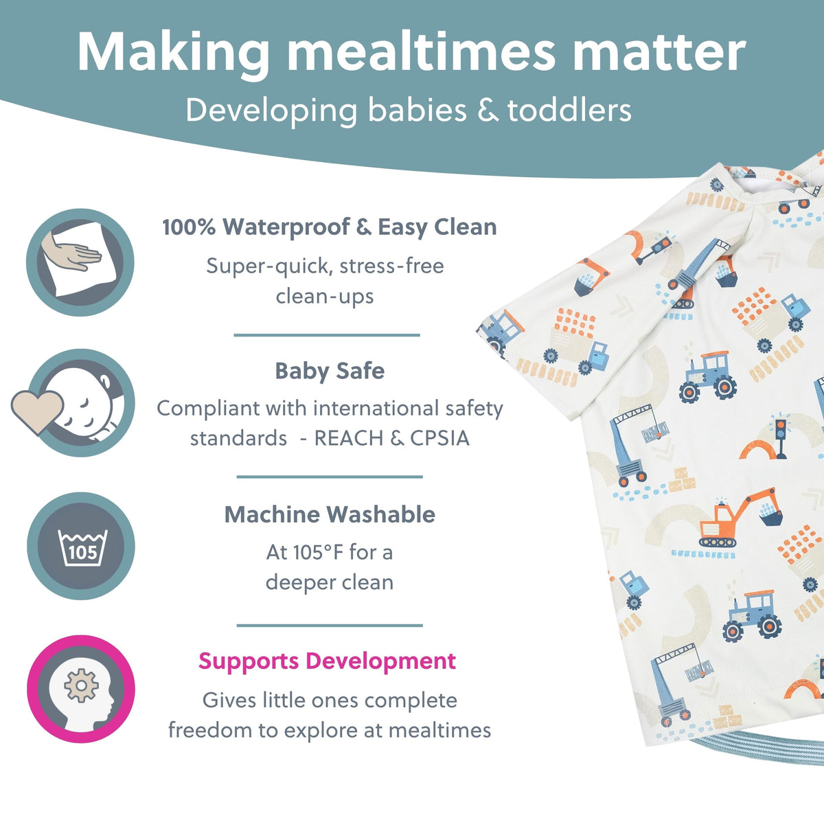 BIBaDO Long Sleeve Baby Bibs - Coverall Weaning Bib with Highchair Strap