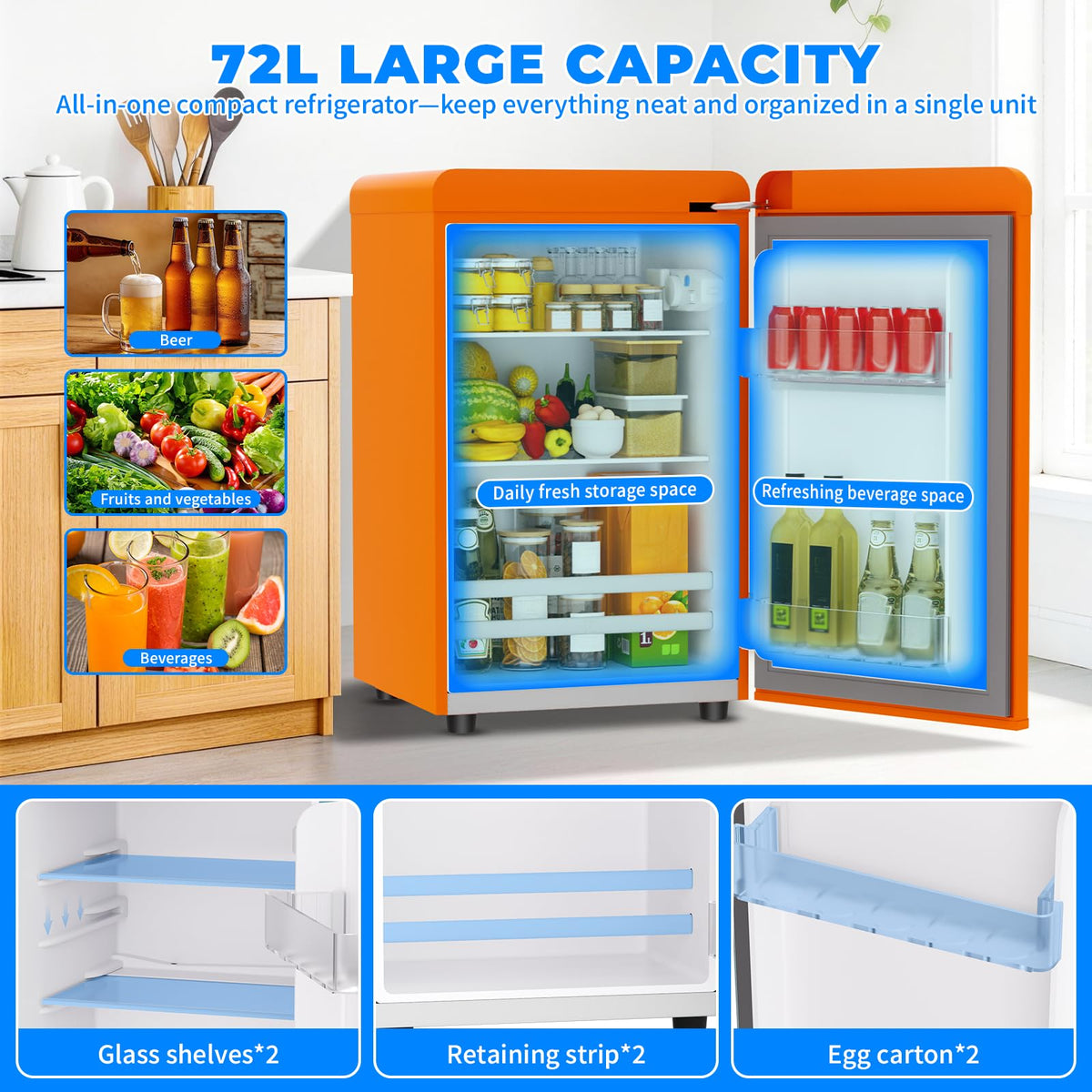 Retro Mini Fridge, 72L Compact Refrigerator, 43dB Quiet Operation, Adjustable 7-Temp Control, with LED Light, for Bedroom, Office, Kitchen & RV