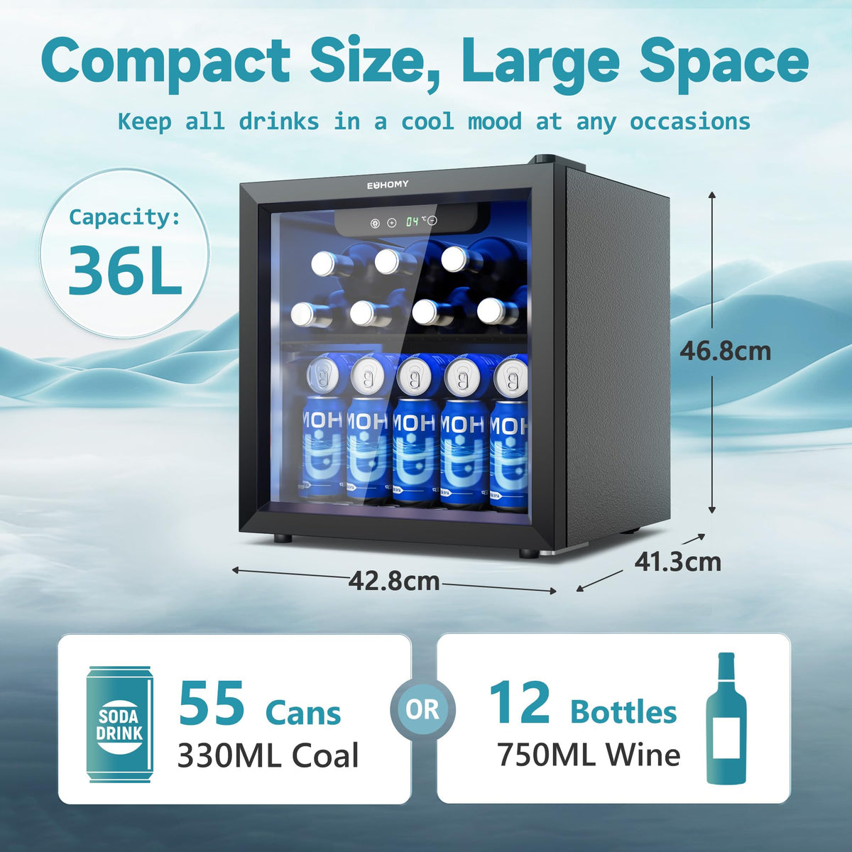 EUHOMY 93L Drinks Fridge, 126 Can Beer Fridge with Glass Door, Wine fridge with Adjustable Shelves for Soda Beer or Wine, Home/Bar/Office, Black, Steel, One-Touch Control [Energy Class F]