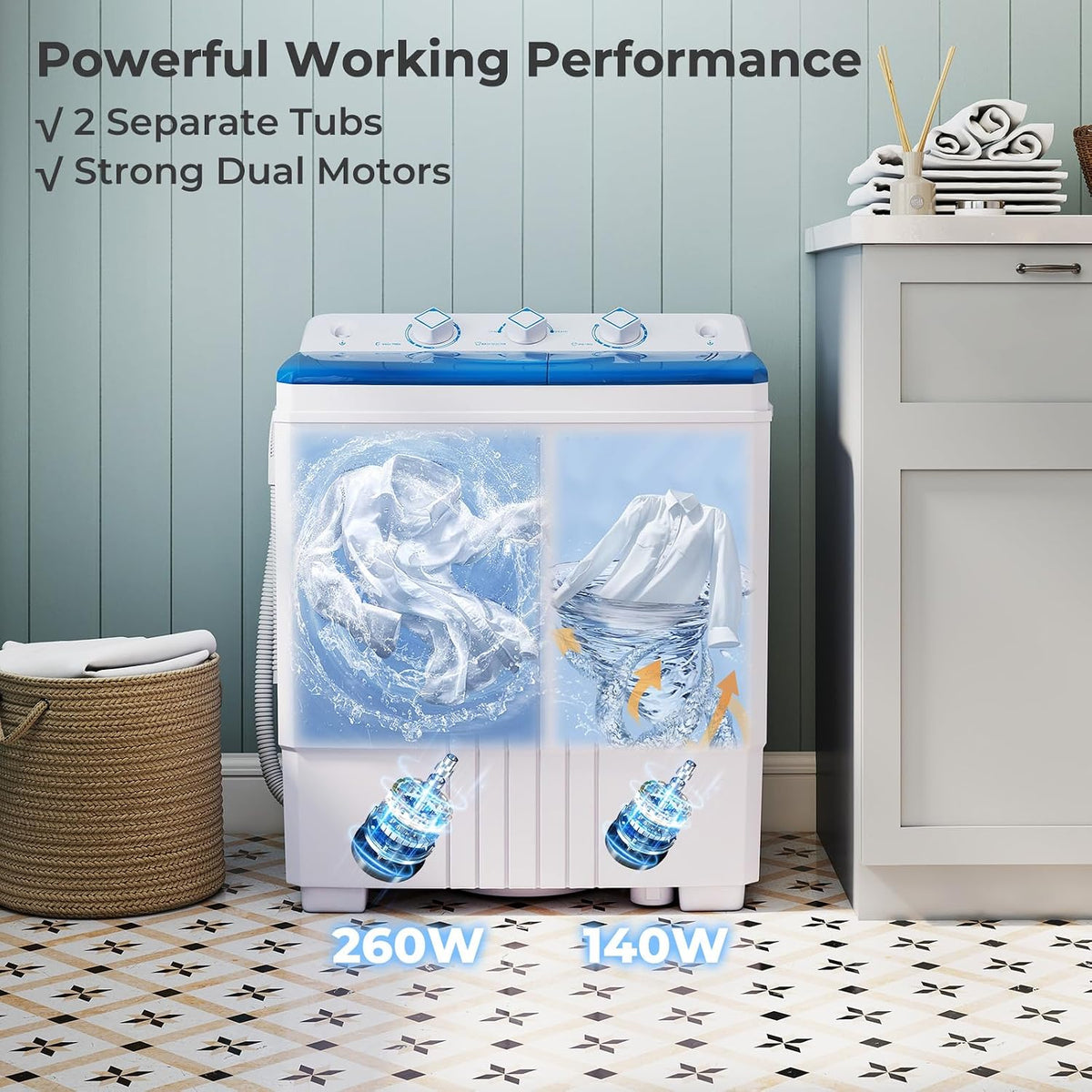 TANGZON Twin Tub Washing Machine, 8KG Portable Washing Machine Spin Dryer