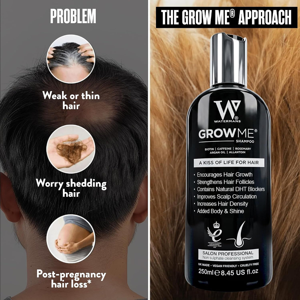 Watermans Grow Me® Hair Growth Shampoo - Not just a Caffeine Shampoo we include Biotin, Argan Oil, Rosemary, Niacinamide. Hair Thickening Treatment for Women & Men with progressed thinning.