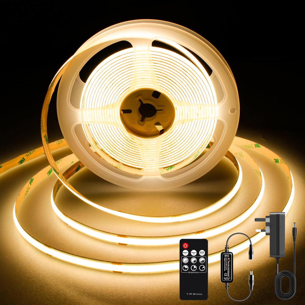 TTWAY COB LED Strip Lights 2700K, Dimmable LED Strip Kit, Super Bright 24V LED Tape Lights CRI90+ with RF Remote and UKCA Power Supply for DIY Home Decoration, 5M, 2400LEDs, Warm White.