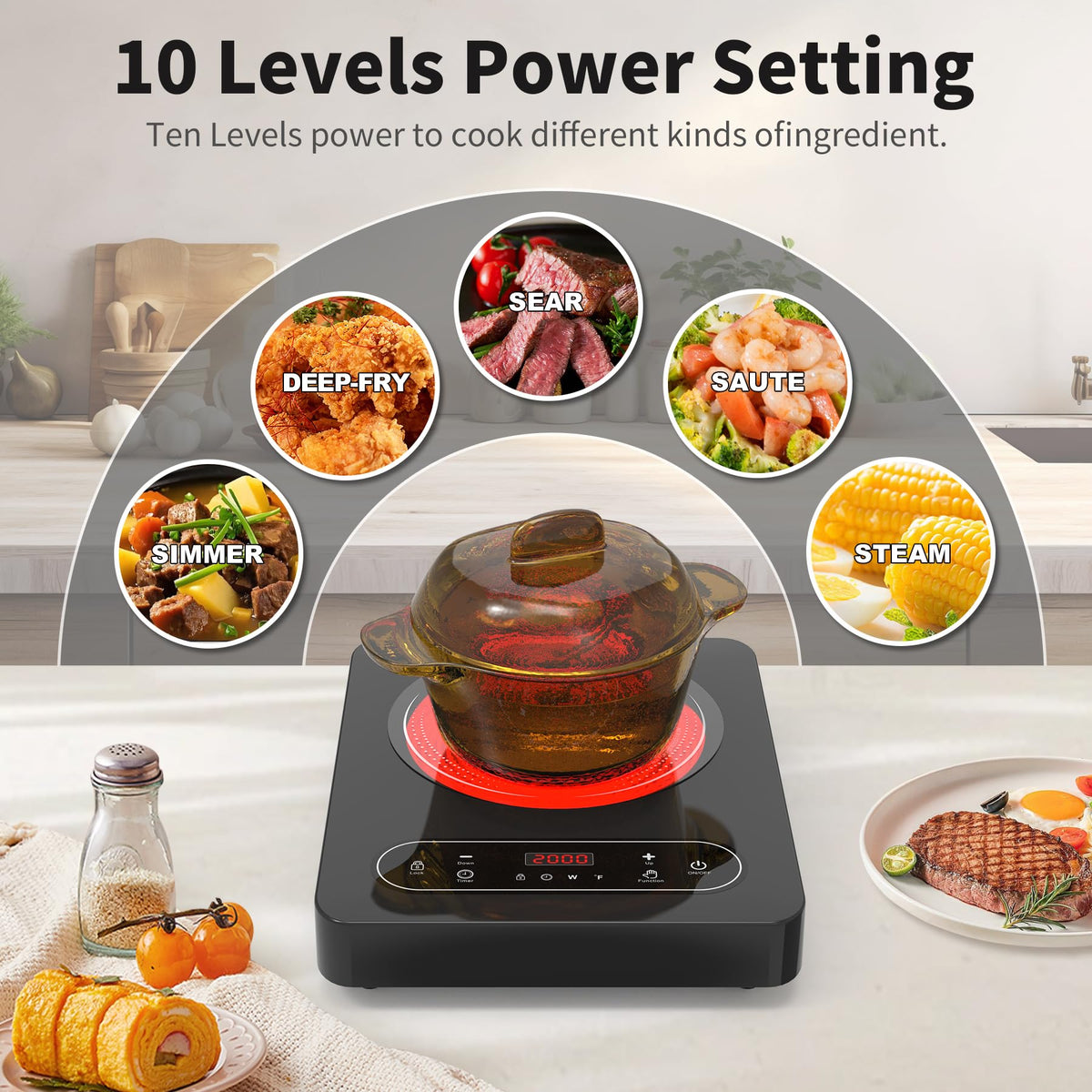 VBGK Double Induction Hob,220V 3600W 2 Ring Induction Hob with Knob Control,9 Power Levels, Kids Lock & Timer,LED Touch Control,Overheat Protection