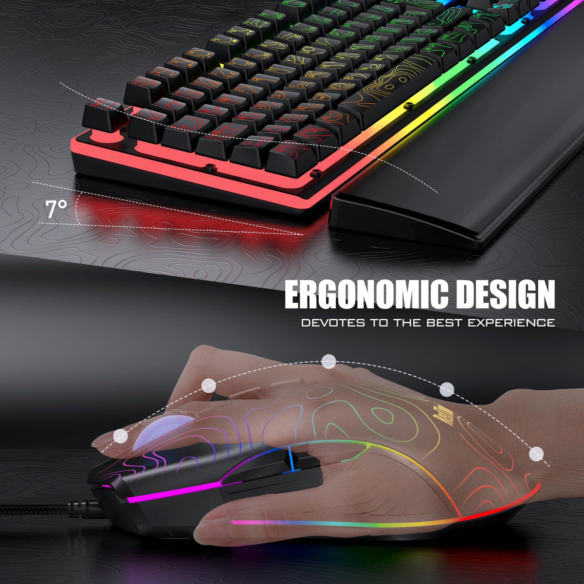 RedThunder K10 Wired Gaming Keyboard and Mouse Combo, UK Layout, True RGB Backlight, Soft Leather Wrist Rest, Ergonomic Anti-Ghosting Keyboard + 7D 7200 DPI Mouse for PC Mac (Gradient Gray)