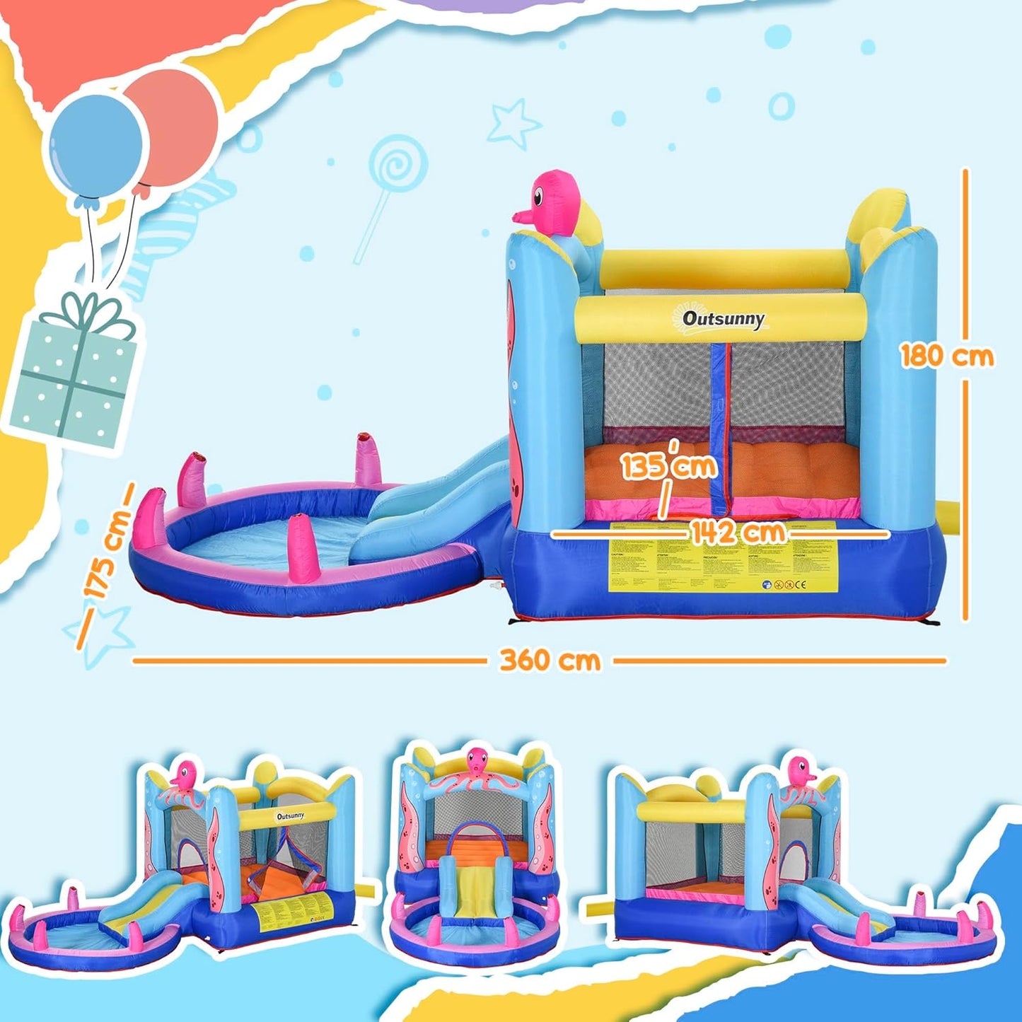 Outsunny 3-in-1 Octopus Inflatable Bouncy Castle with Water Slide, Pool & Sprayers — Ages 3-8