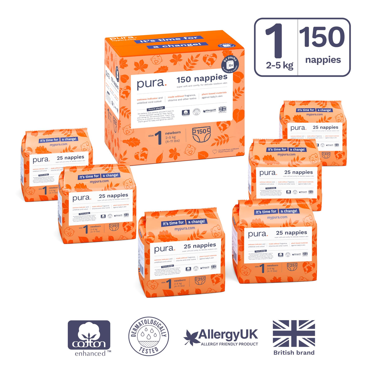 Pura Nappy Size 1 (2–5kg) 25 Count Sensitive Skin