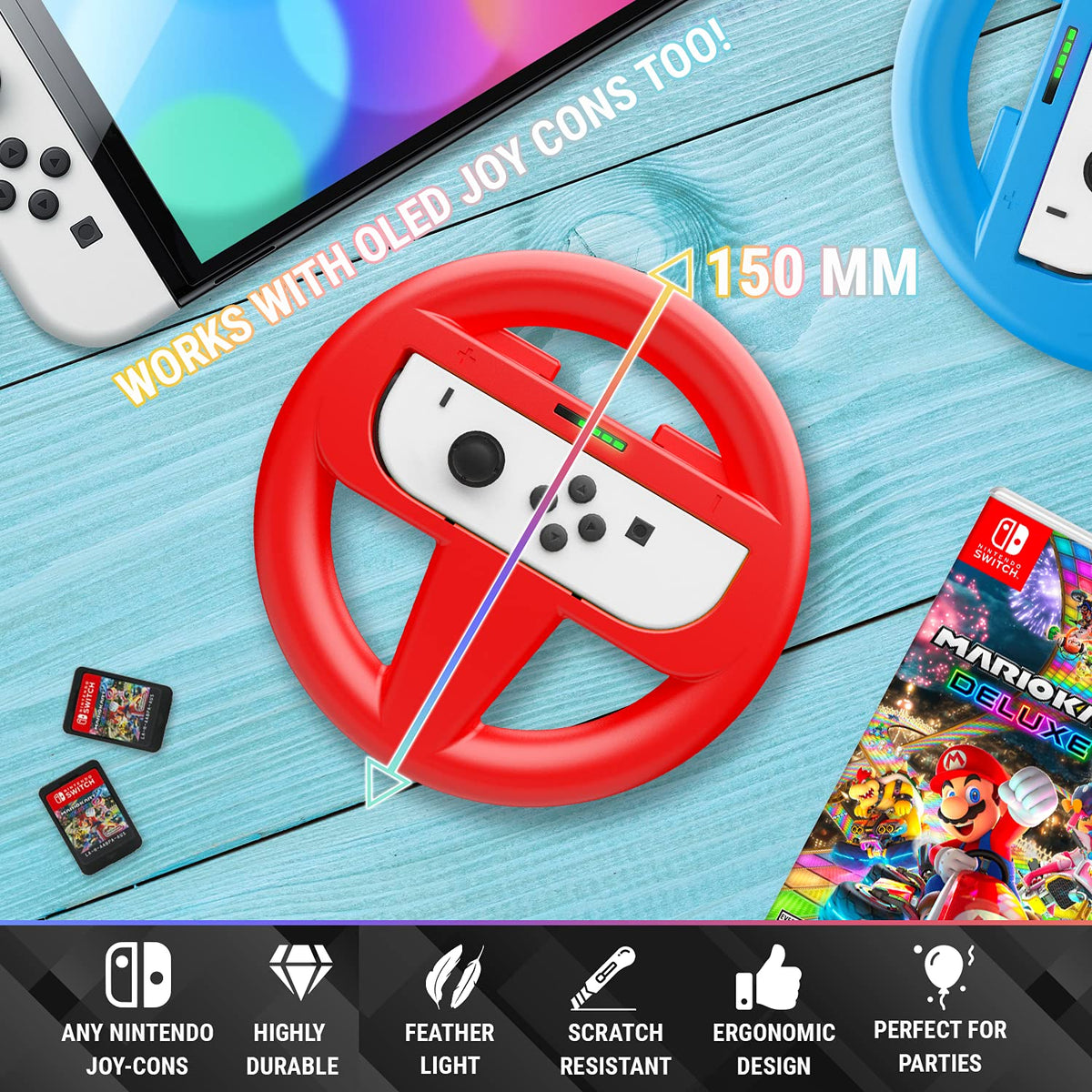 Orzly Racing Steering Wheels – Compatible with Switch 2 (2025 Console) – Party Pack of 4 Joy-Con Controller Attachments for Racing Games (2 Black, 1 Blue, 1 Red)